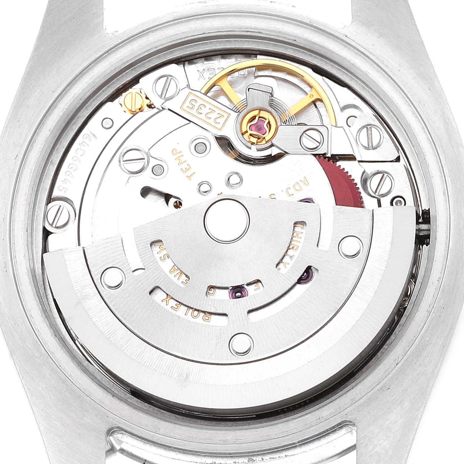This image shows the movement mechanism of a Rolex Datejust 179160 Women's Stainless Steel Silver Dial 179160 Women's Stainless Steel Silver Dial watch from a back view angle.