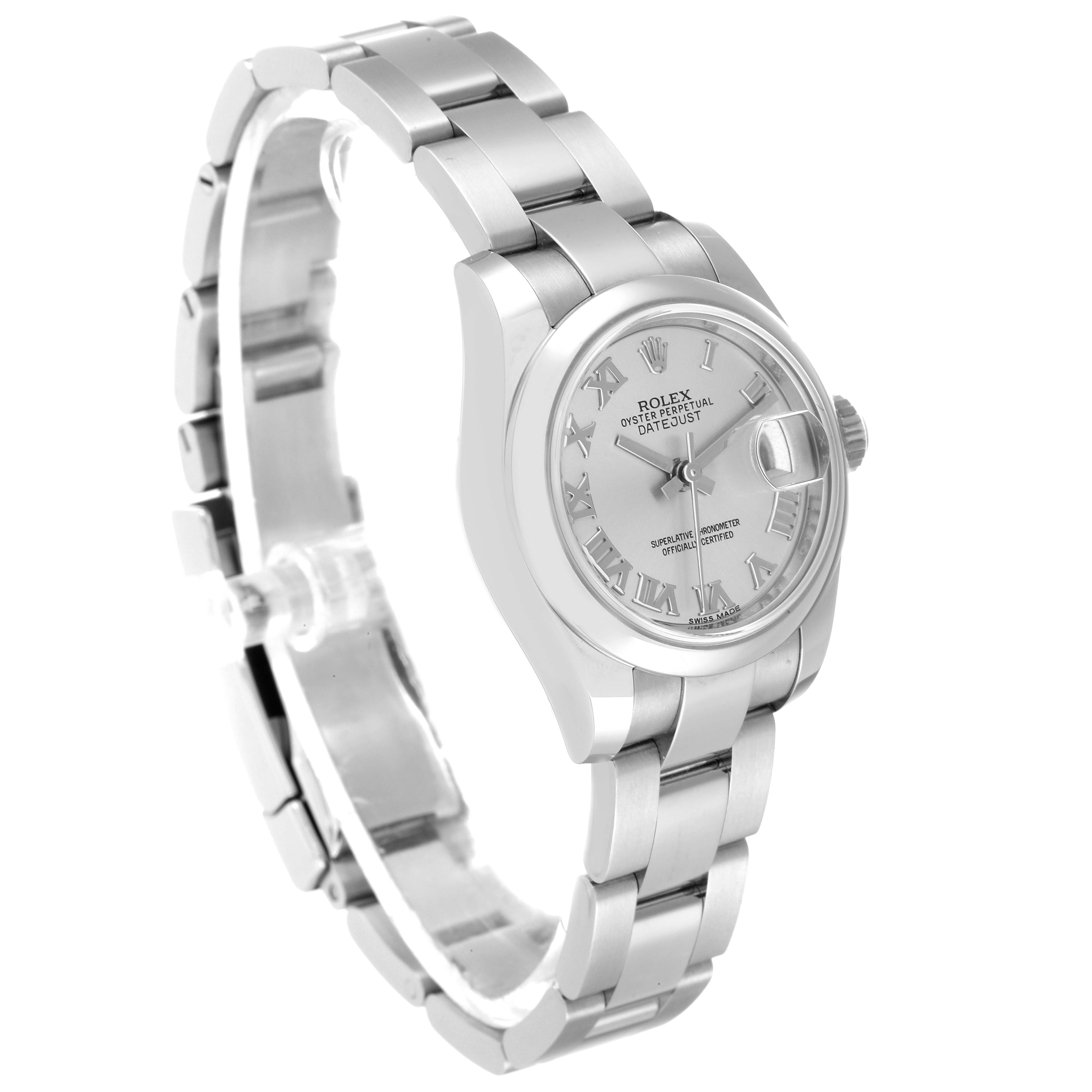 The Rolex Datejust 179160 Women's Stainless Steel Silver Dial 179160 Women's Stainless Steel Silver Dial watch is shown at a slight angle, highlighting the dial, bracelet, and crown.