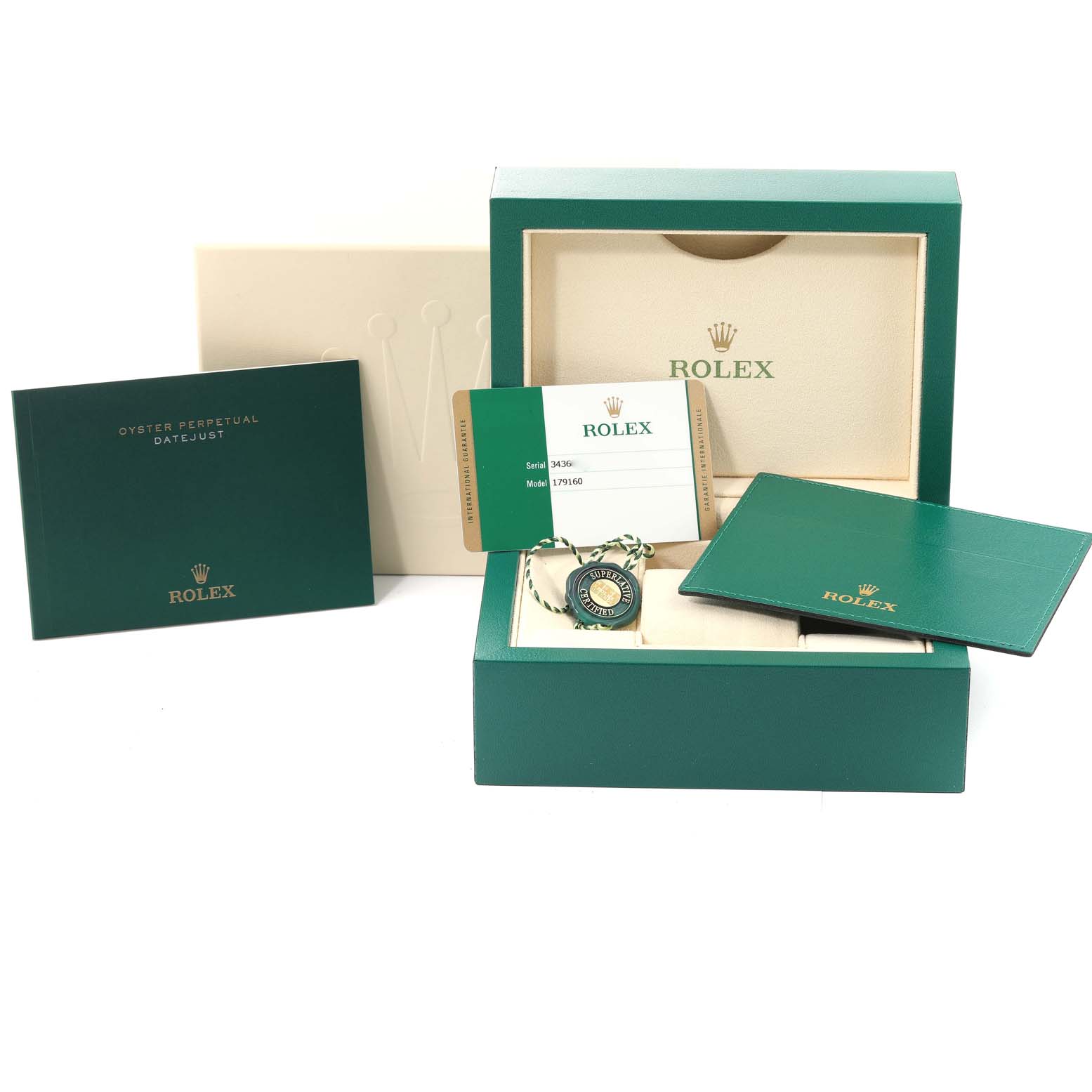 The image shows the packaging, warranty card, manual, and accessories for a Rolex Datejust 179160 Women's Stainless Steel Silver Dial 179160 Women's Stainless Steel Silver Dial watch.
