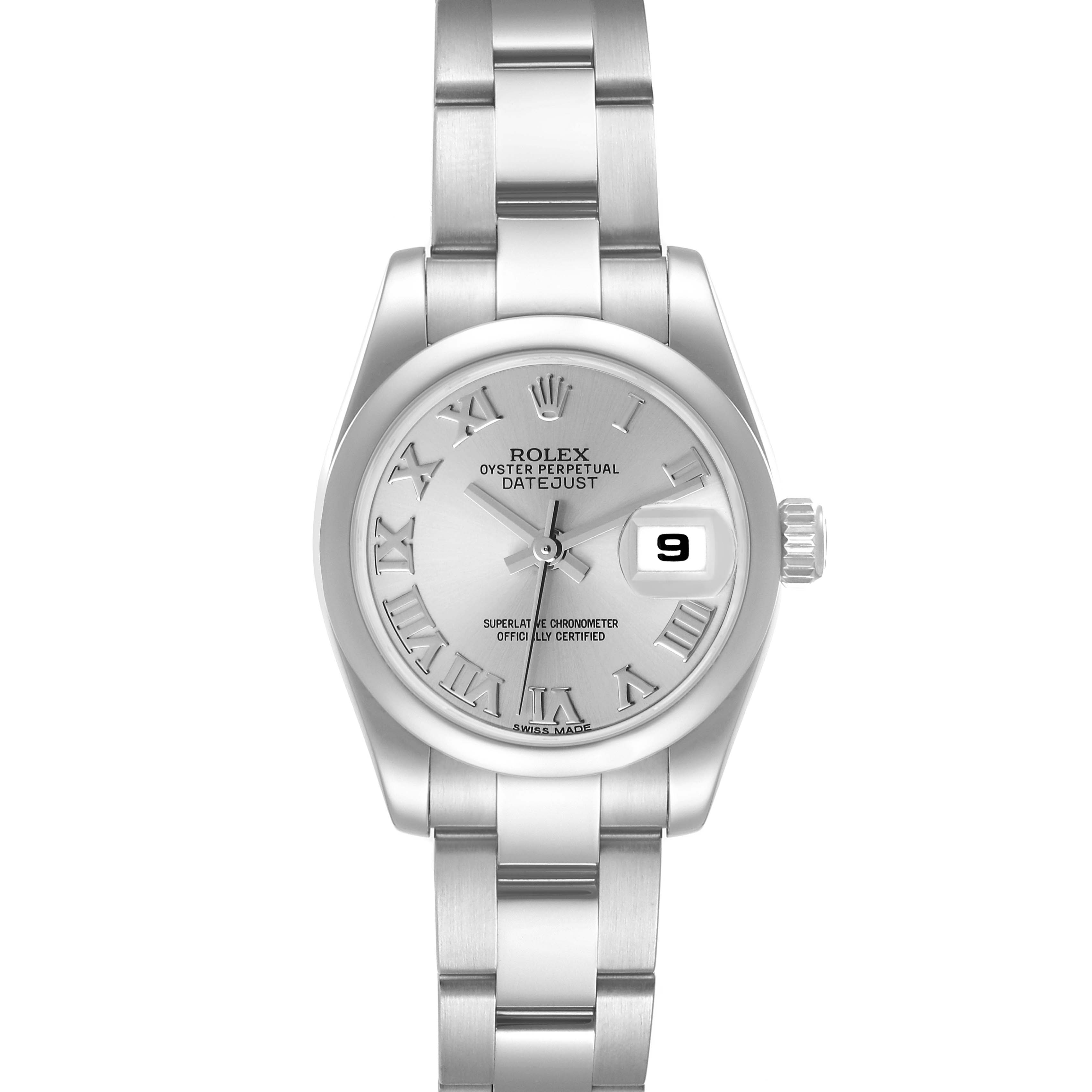 The image shows a frontal view of a Rolex Datejust 179160 Women's Stainless Steel Silver Dial 179160 Women's Stainless Steel Silver Dial watch, highlighting the bracelet, dial, hands, and date window.