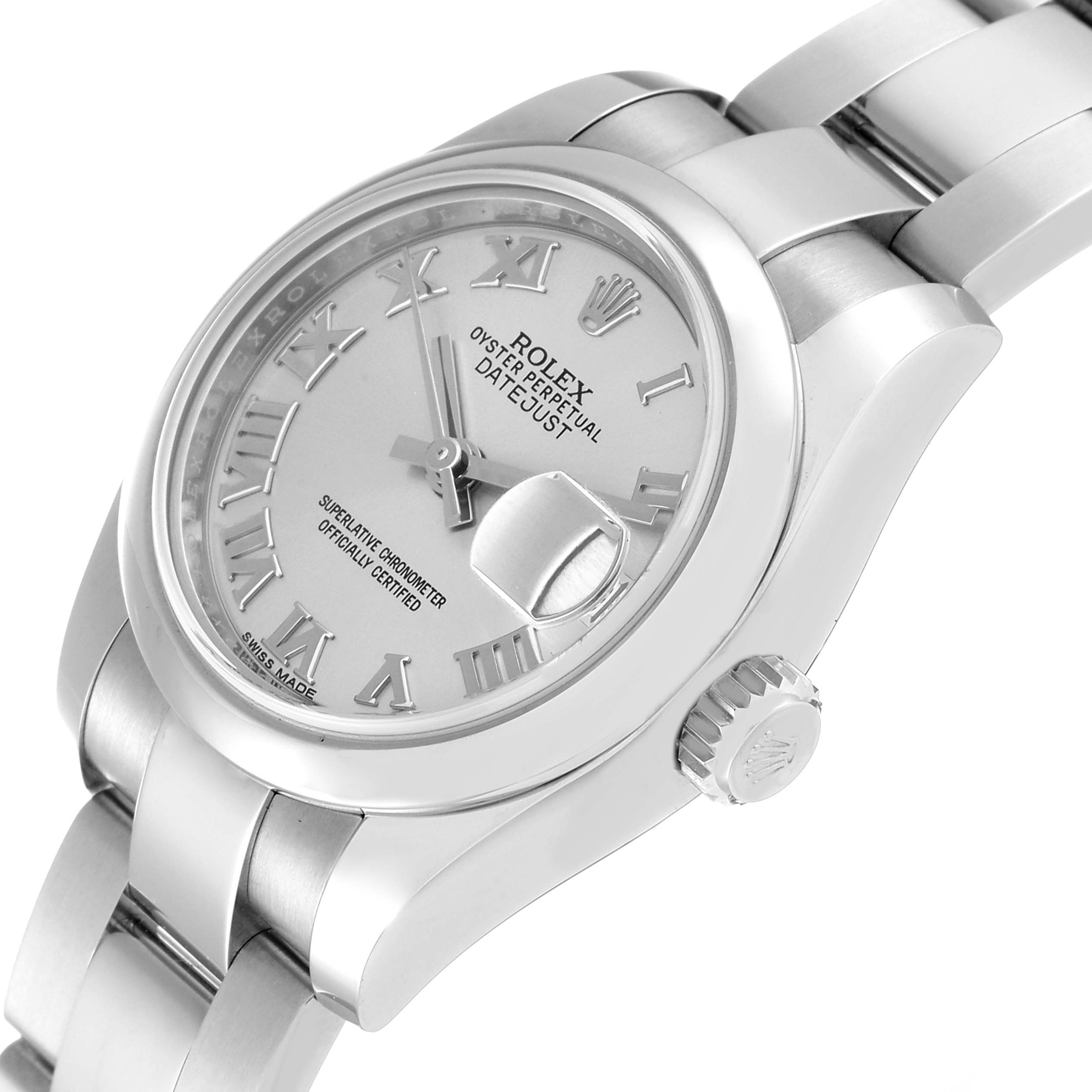 This image shows a close-up view of a Rolex Datejust 179160 Women's Stainless Steel Silver Dial 179160 Women's Stainless Steel Silver Dial watch, highlighting the face, side, crown, and part of the bracelet.