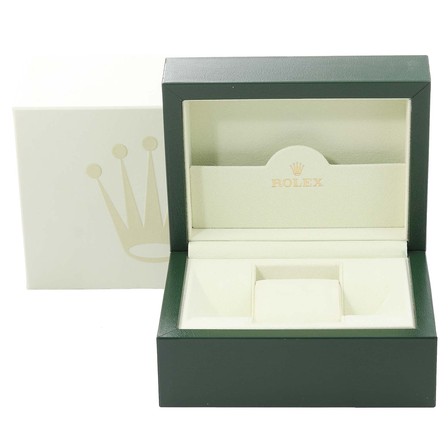 This image shows an open green and cream box for a Rolex Datejust 179174 Women's Stainless Steel Black Dial 179174 Women's Stainless Steel Black Dial watch, with the interior holder visible.