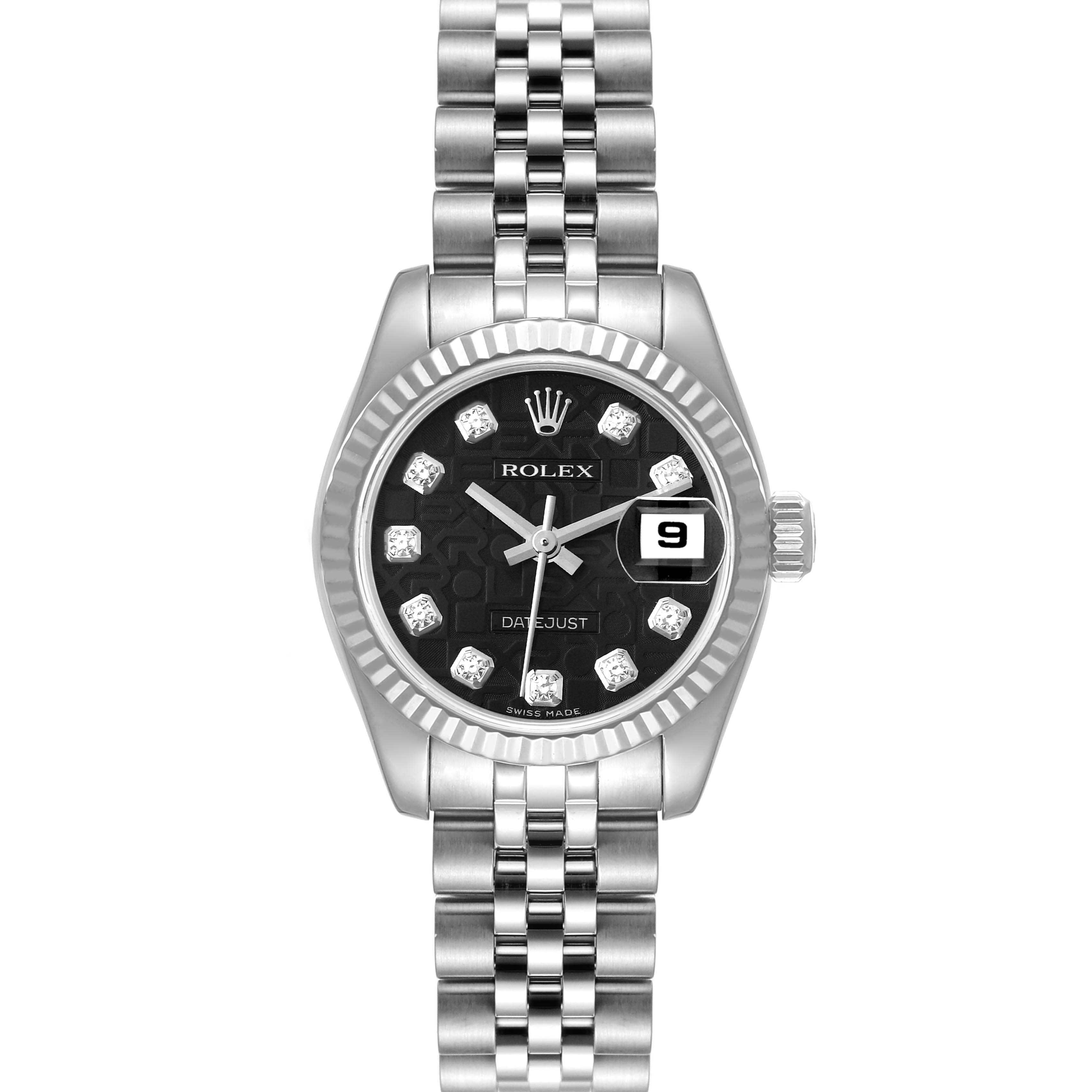 This image shows a Rolex Datejust 179174 Women's Stainless Steel Black Dial 179174 Women's Stainless Steel Black Dial watch from a frontal angle, highlighting its face, dial, bezel, and Jubilee bracelet.