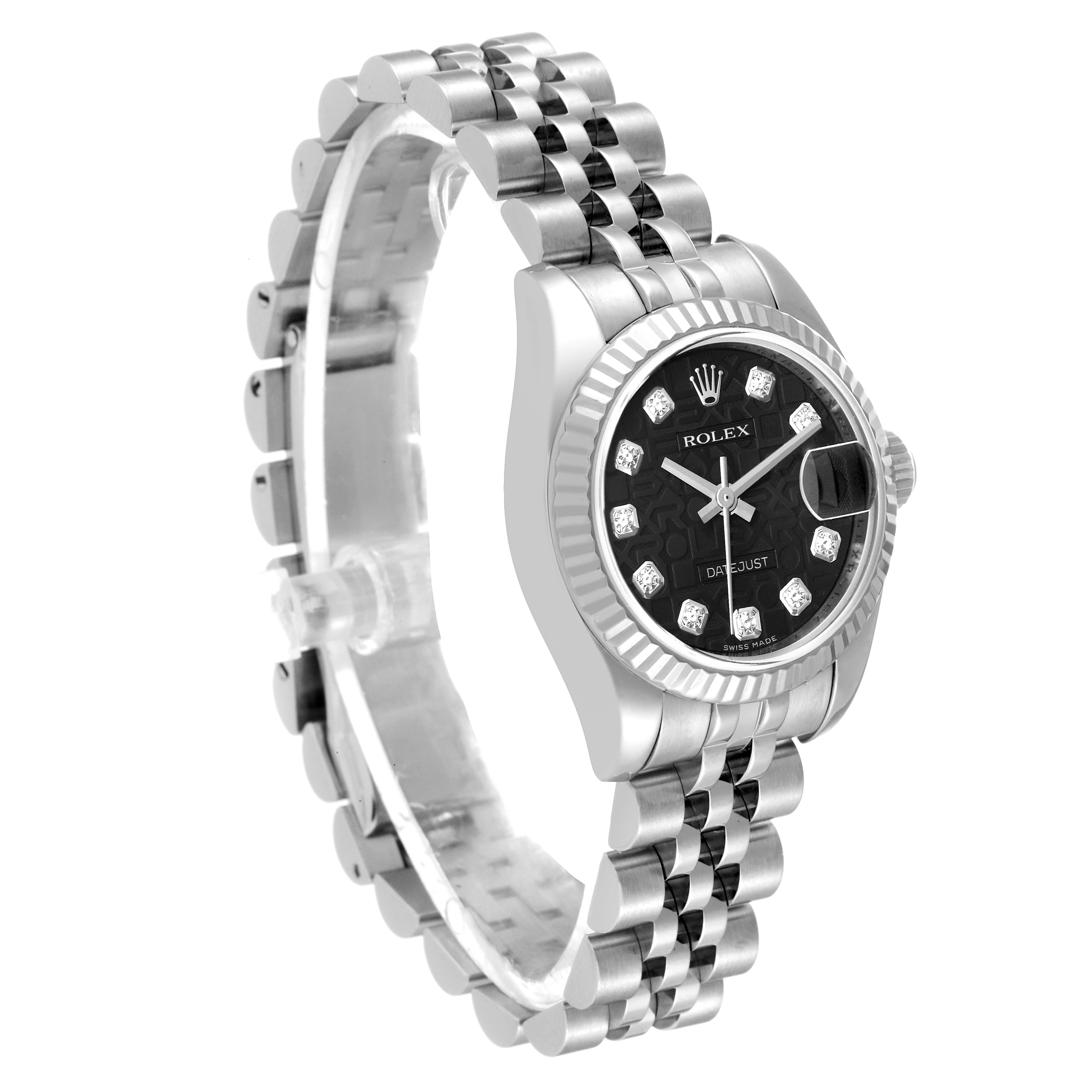 The image shows a Rolex Datejust 179174 Women's Stainless Steel Black Dial 179174 Women's Stainless Steel Black Dial watch at a slight side angle, highlighting its stainless steel case, black dial, and bracelet.