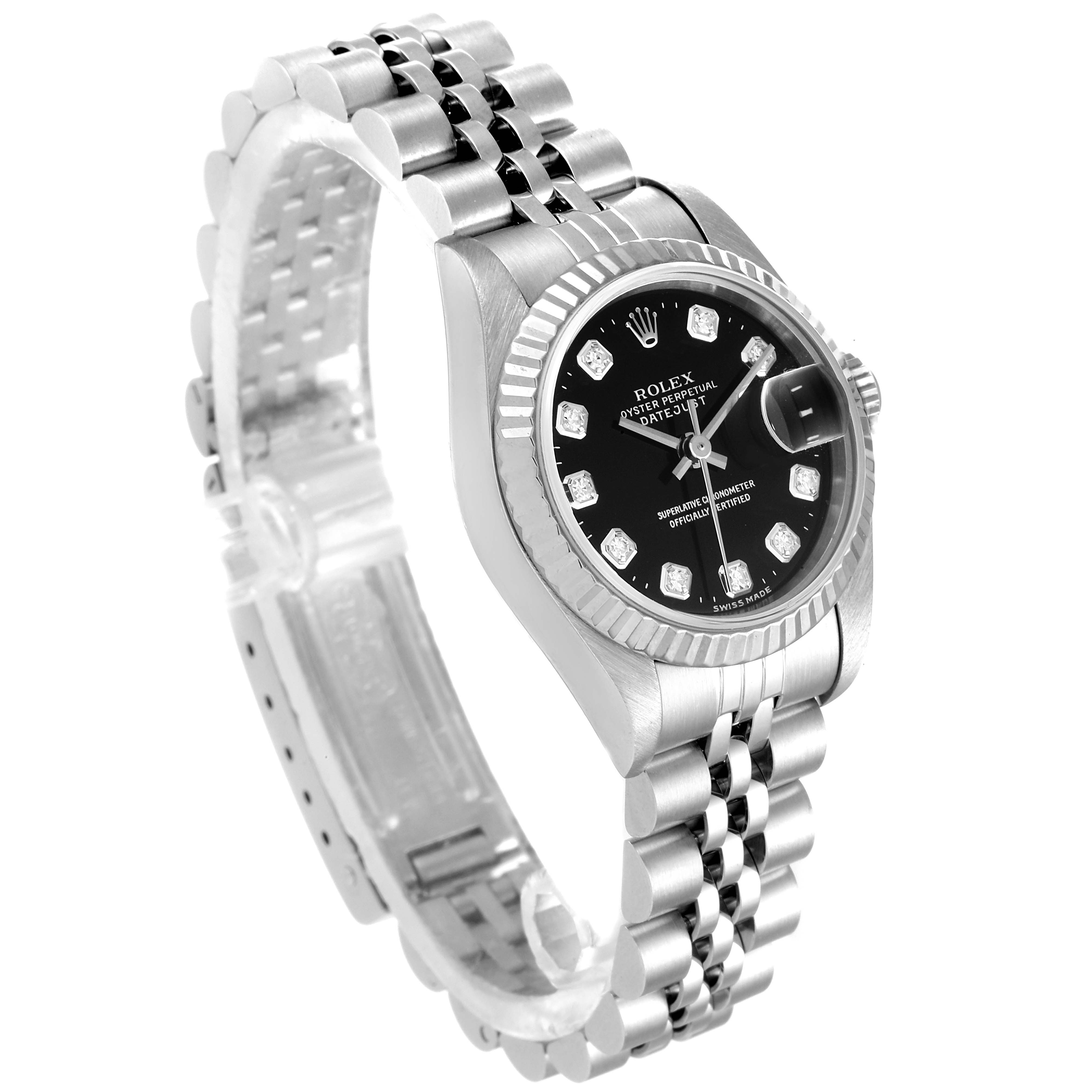 The Rolex Datejust 69174 Women's Stainless Steel Black Dial 69174 Women's Stainless Steel Black Dial watch is shown at a three-quarter angle, displaying its bracelet, bezel, and black dial with diamond markers.