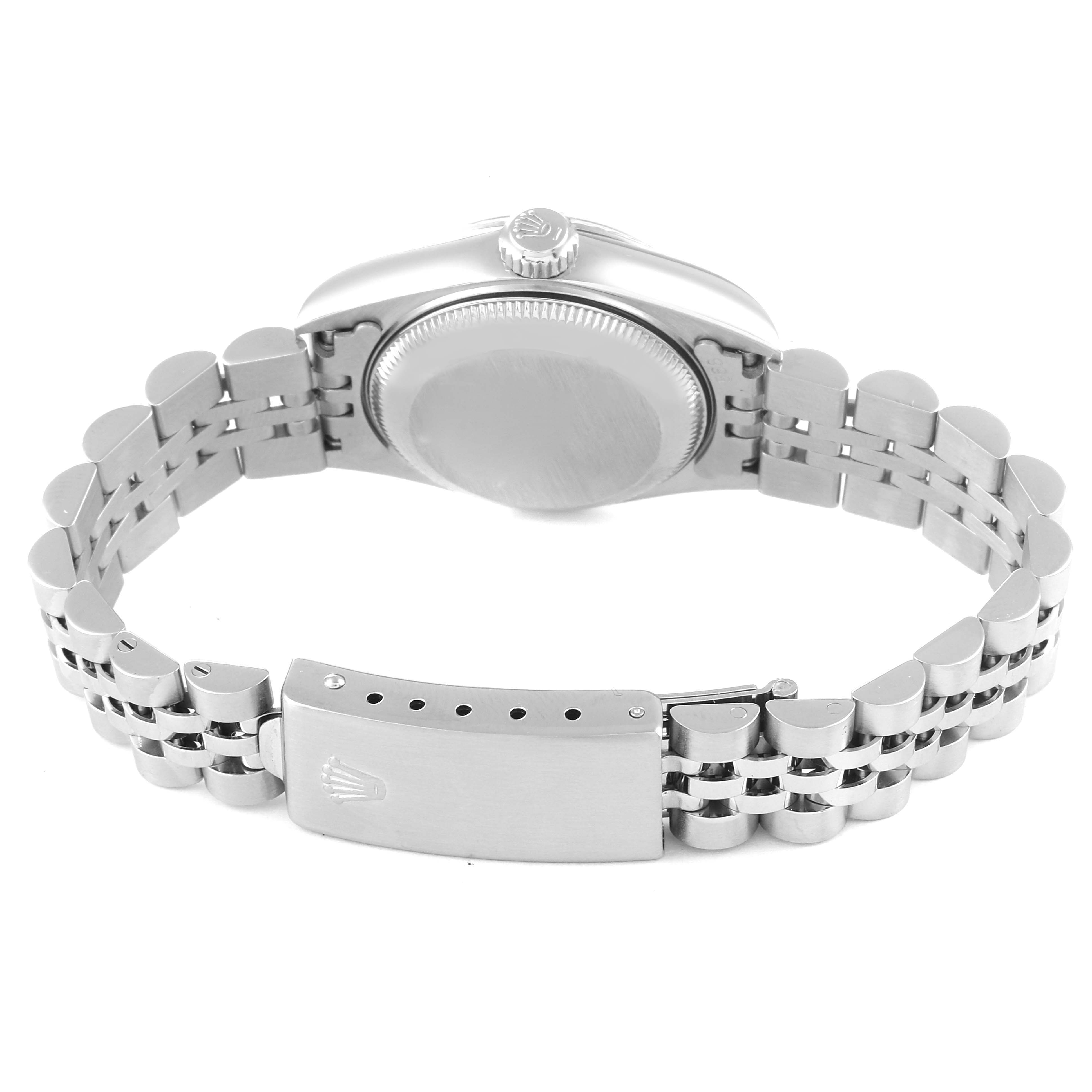 This image shows the back view of the Rolex Datejust 69174 Women's Stainless Steel Black Dial 69174 Women's Stainless Steel Black Dial model, focusing on the case back and the bracelet clasp.