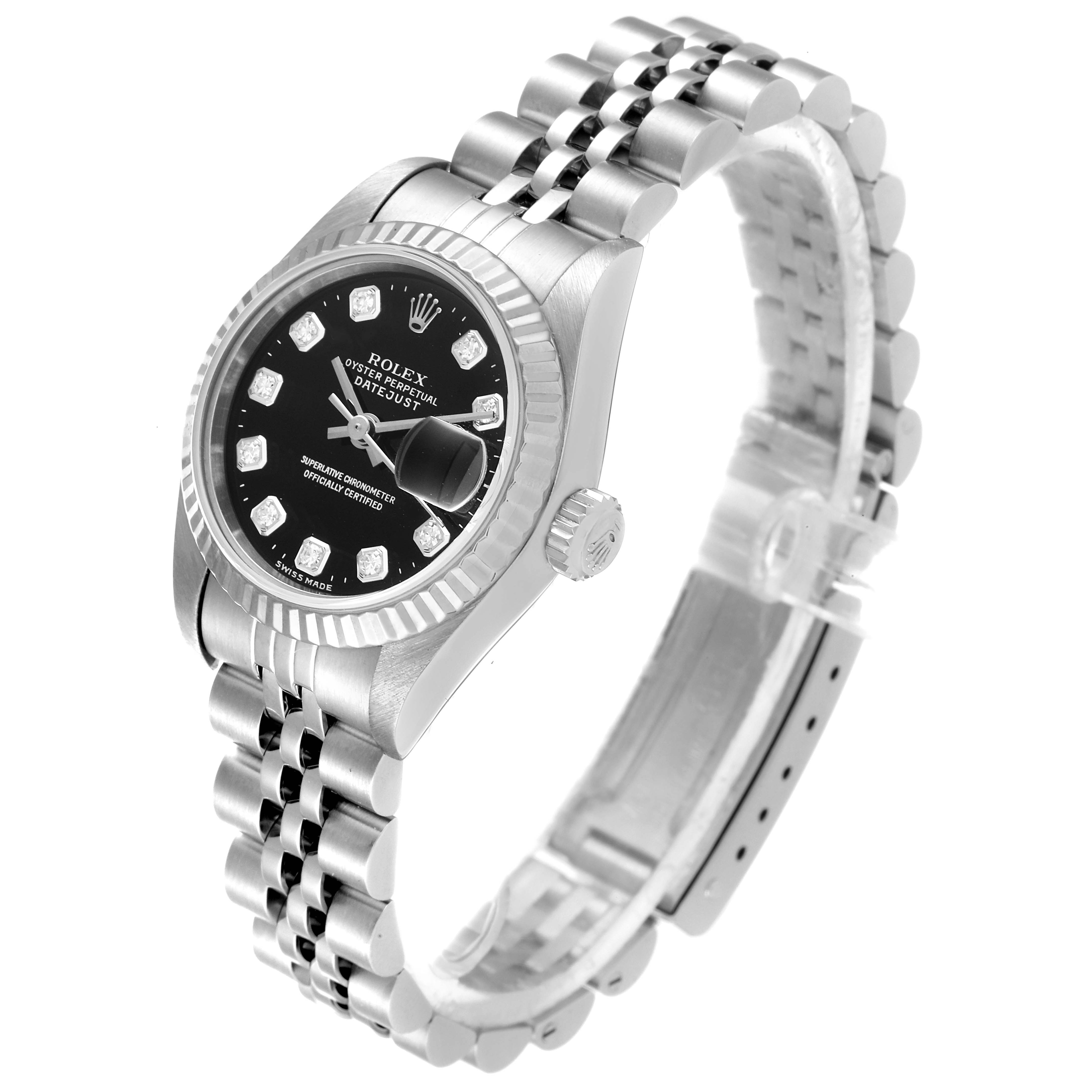 The image shows the front and side angle of a Rolex Datejust 69174 Women's Stainless Steel Black Dial 69174 Women's Stainless Steel Black Dial watch, highlighting the dial, bezel, and bracelet.