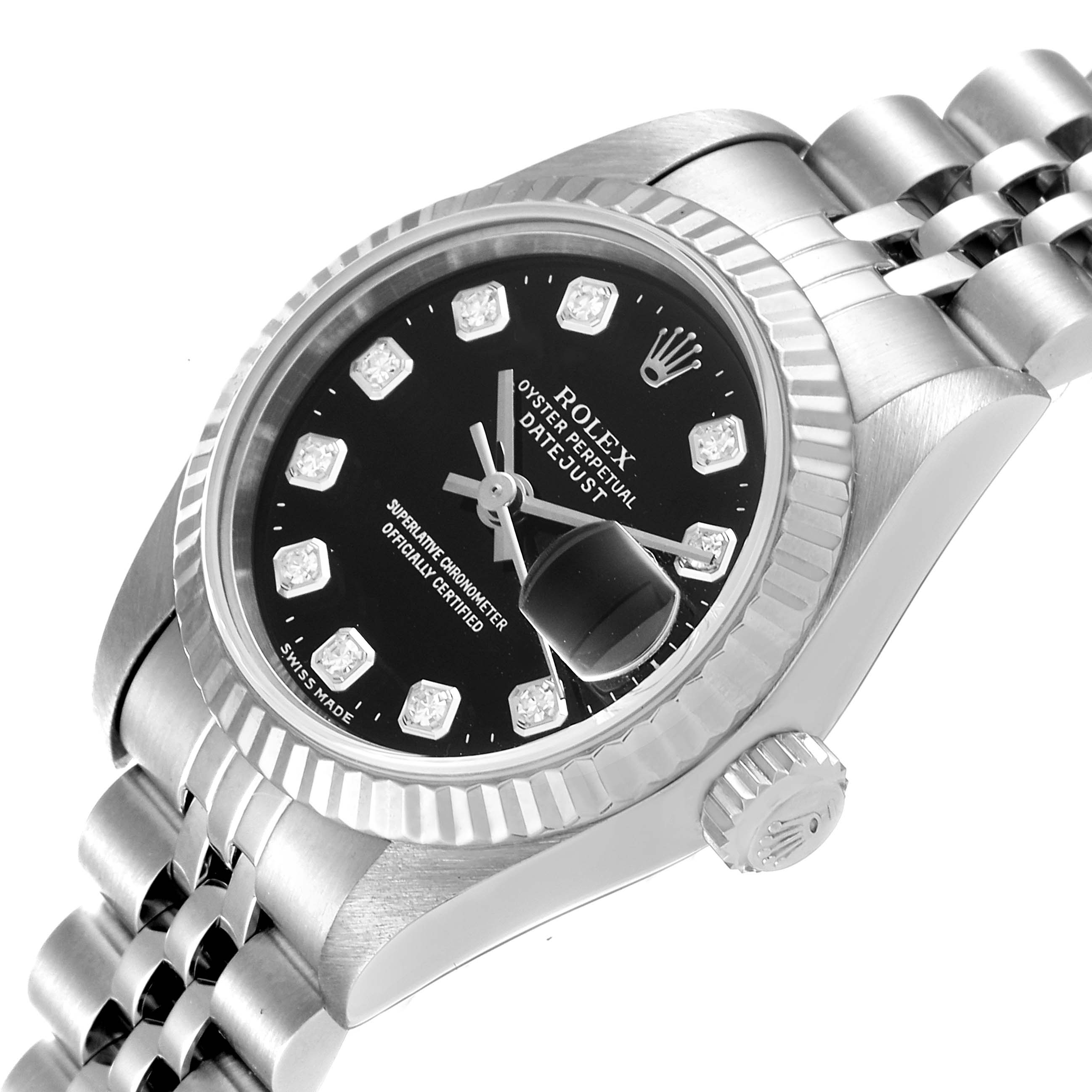 The image shows a Rolex Datejust 69174 Women's Stainless Steel Black Dial 69174 Women's Stainless Steel Black Dial watch at an angle highlighting the dial, bezel, crown, and part of the bracelet.