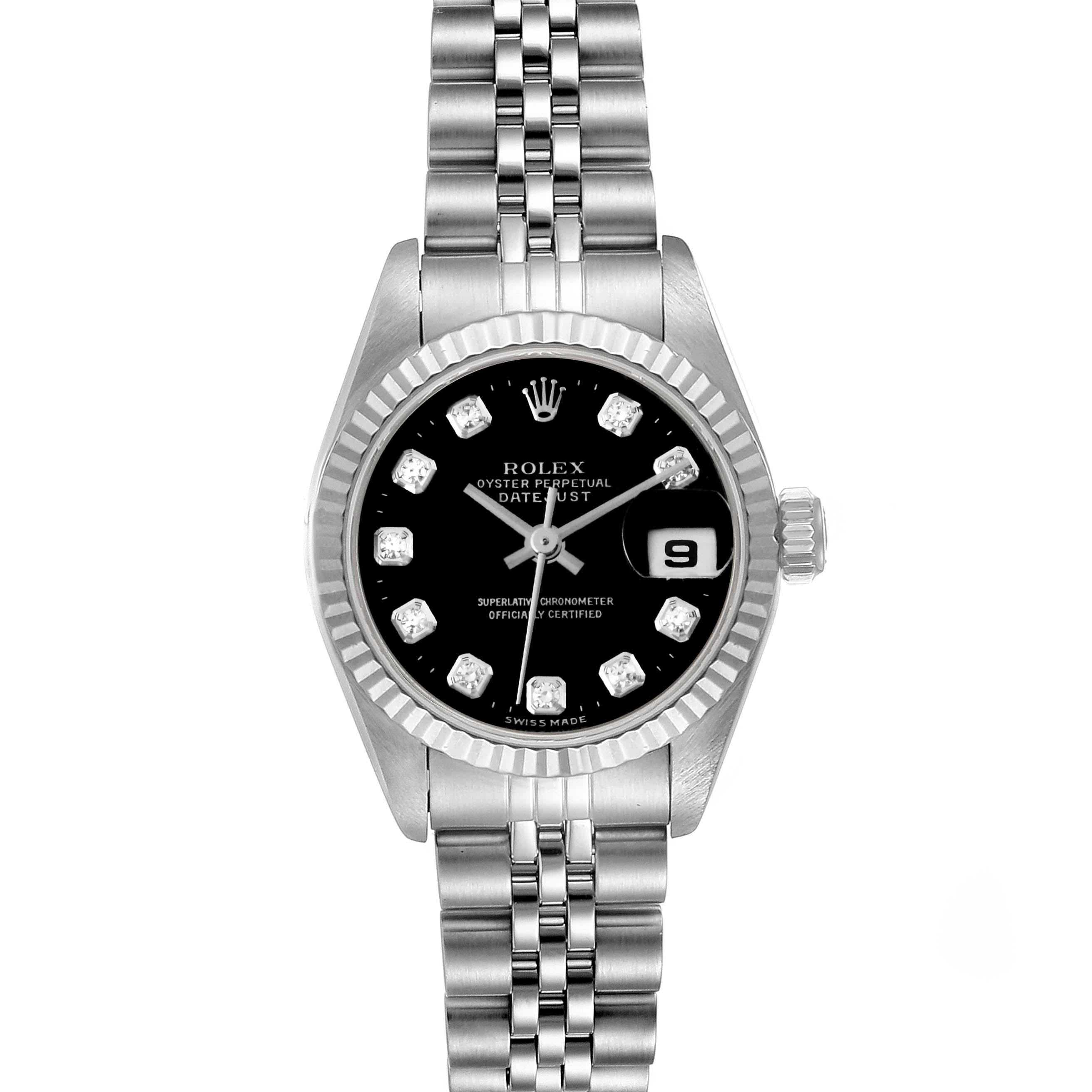 This image shows a Rolex Datejust 69174 Women's Stainless Steel Black Dial 69174 Women's Stainless Steel Black Dial watch from a front angle, displaying the face, bezel, and bracelet.