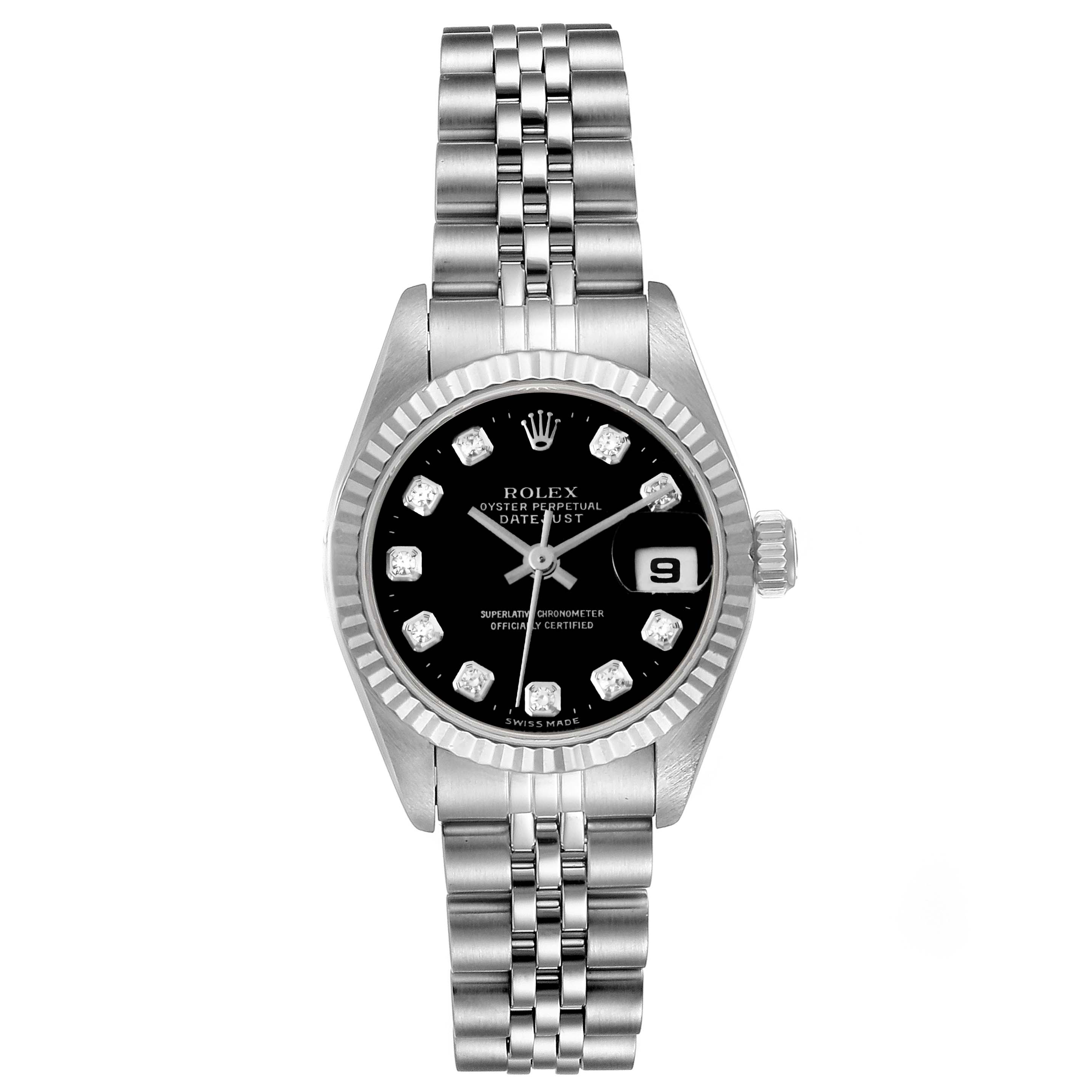 The image shows a front view of the Rolex Datejust 69174 Women's Stainless Steel Black Dial 69174 Women's Stainless Steel Black Dial, displaying the face, bezel, and bracelet.