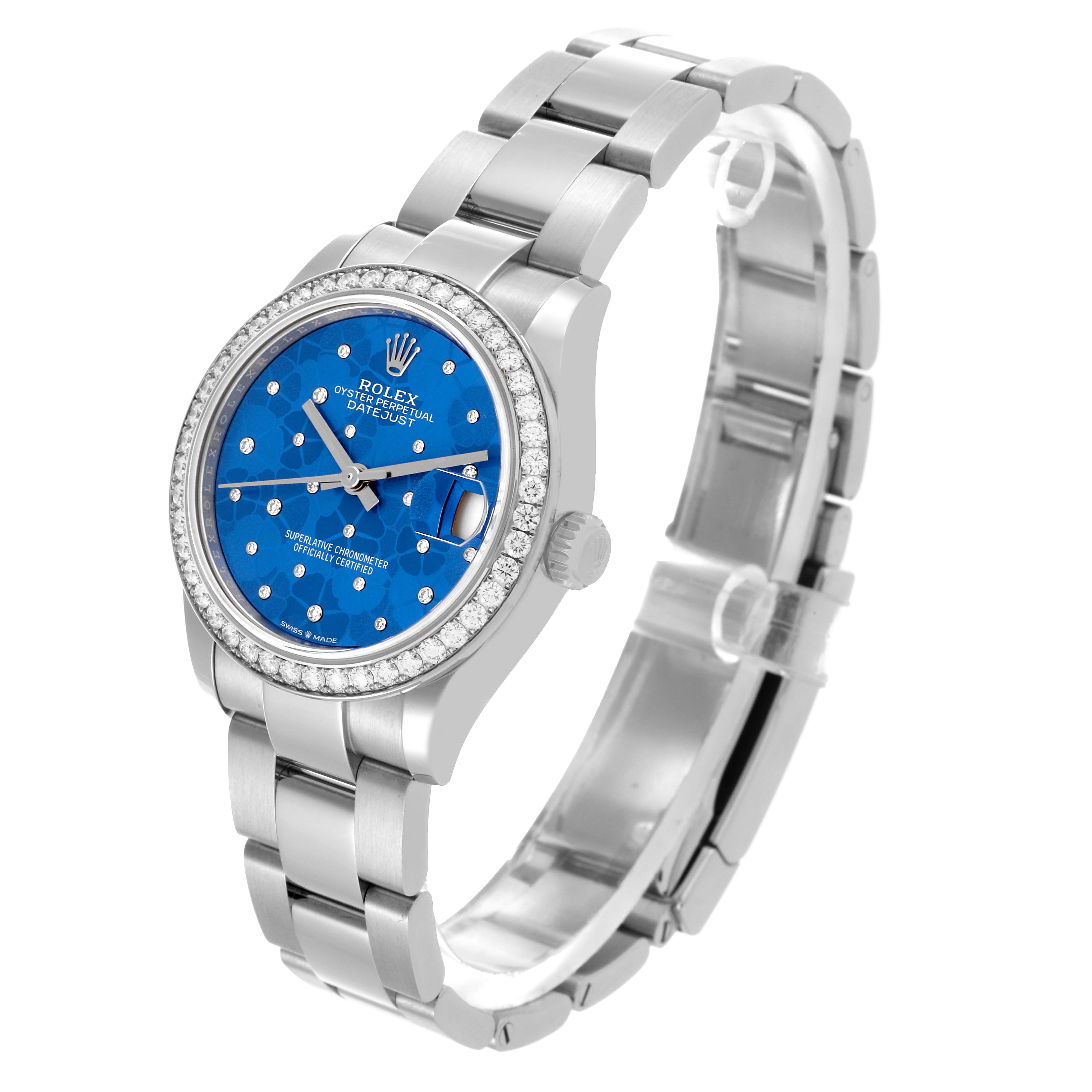 The Rolex Mid-Size 278384 Women's Stainless Steel Blue Dial 278384 Women's Stainless Steel Blue Dial model is shown at an angle displaying the face, bracelet, and bezel.