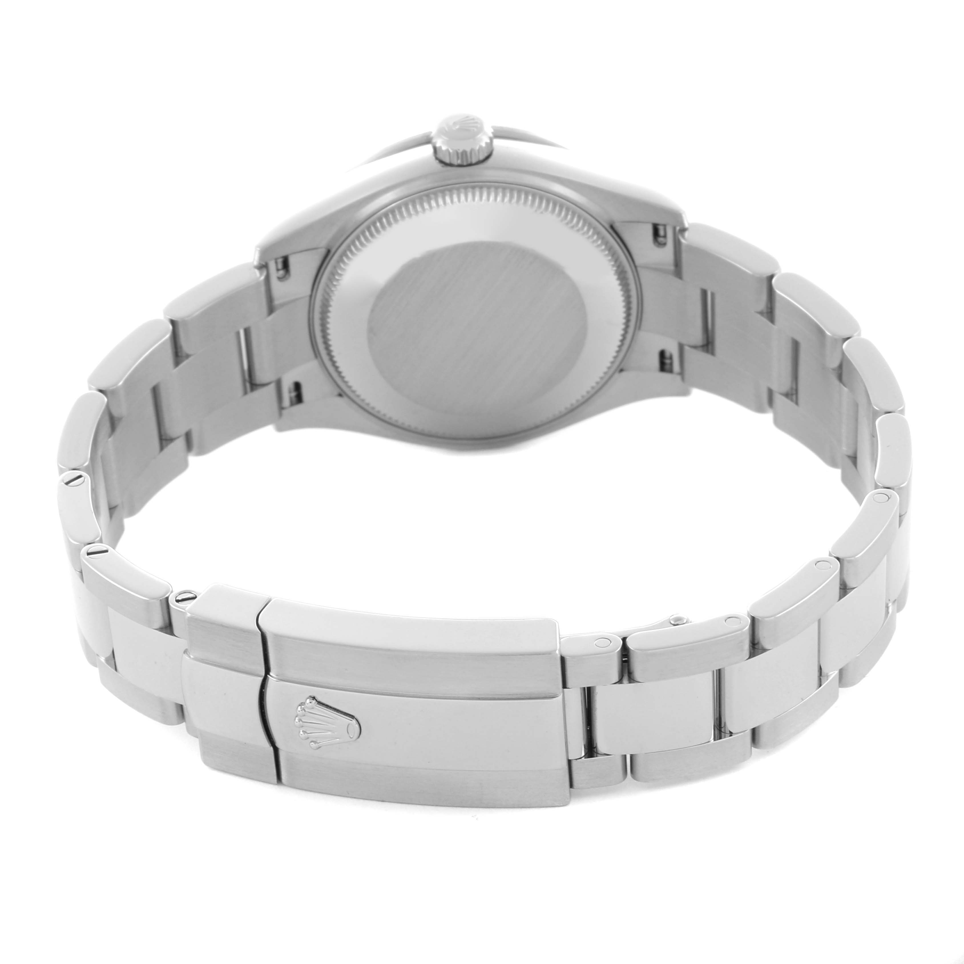 The Rolex Mid-Size 278384 Women's Stainless Steel Blue Dial 278384 Women's Stainless Steel Blue Dial watch is shown from the back, highlighting the bracelet and closed clasp.