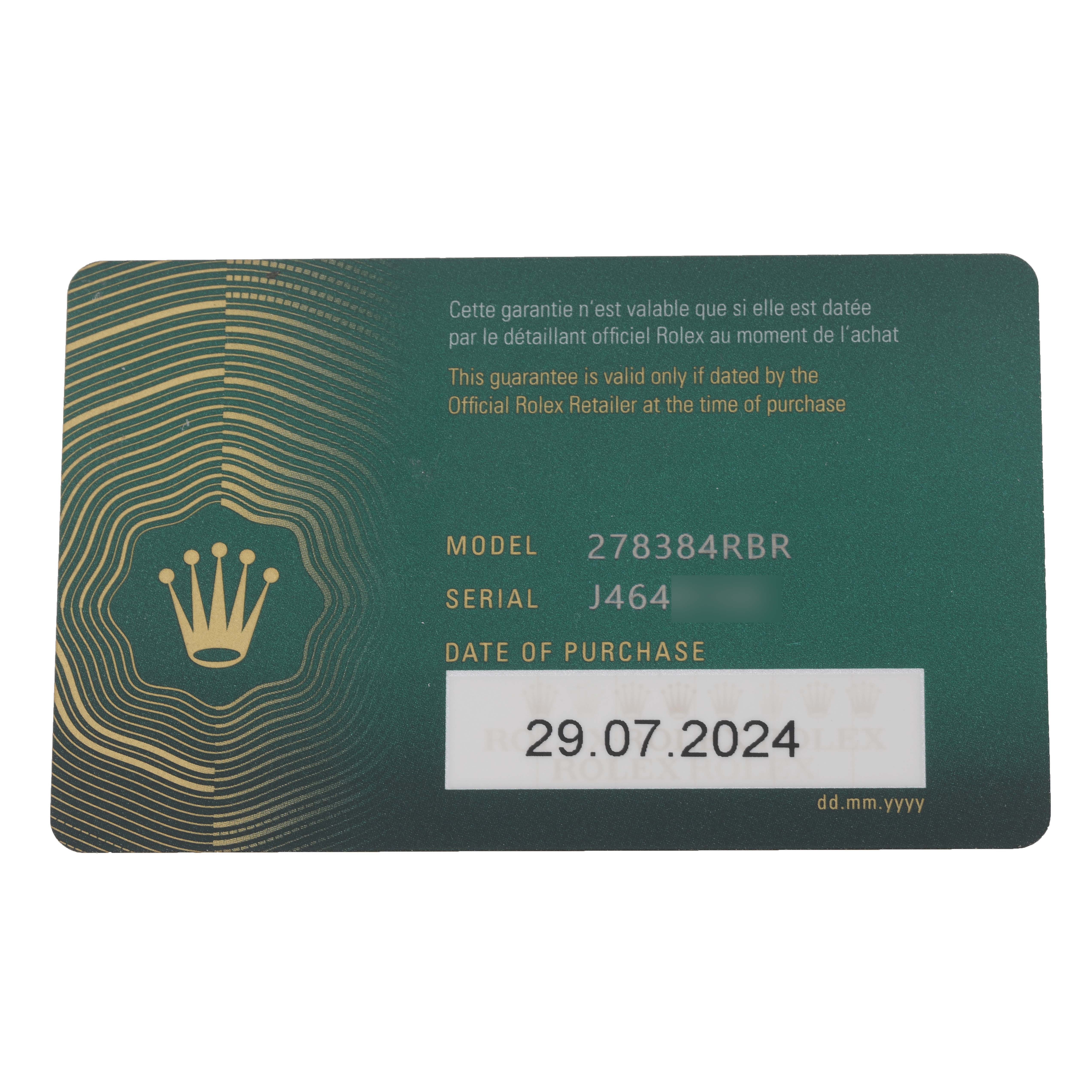 The image shows a guarantee card for a Rolex Mid-Size 278384 Women's Stainless Steel Blue Dial 278384 Women's Stainless Steel Blue Dial model, featuring the model and serial number details.