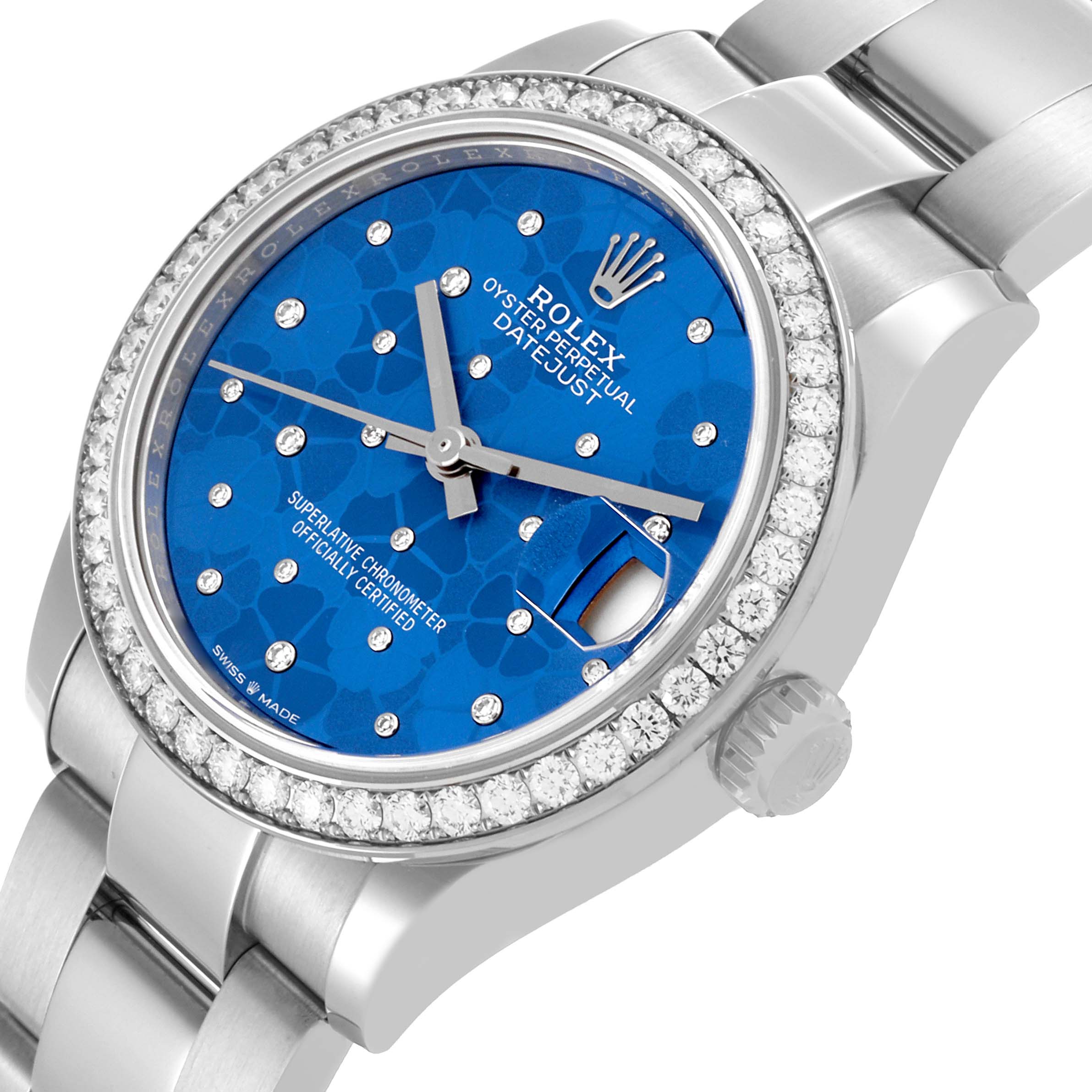 The Rolex Mid-Size 278384 Women's Stainless Steel Blue Dial 278384 Women's Stainless Steel Blue Dial watch is shown at a slight angle, displaying the dial, bezel, and part of the bracelet.