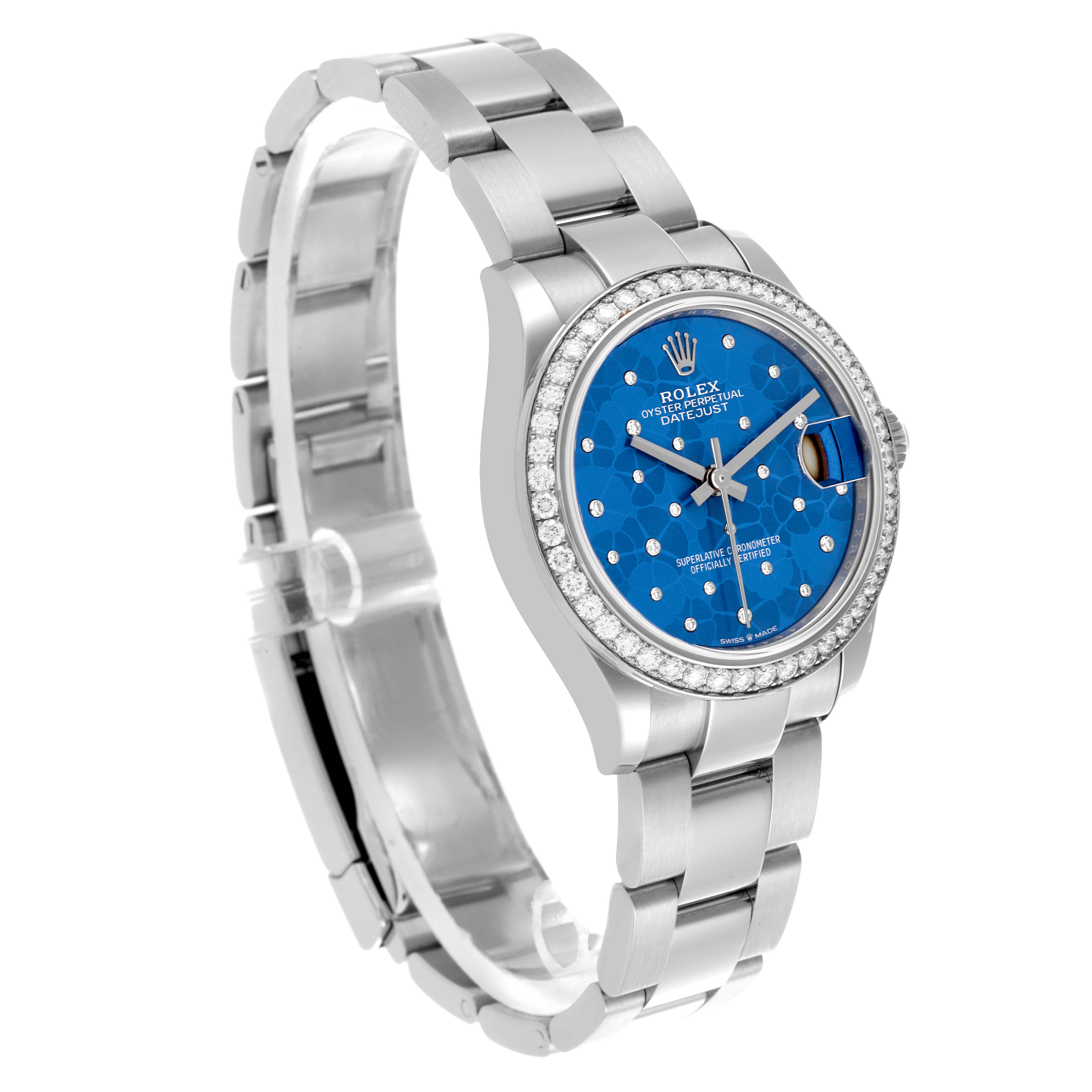 The Rolex Mid-Size 278384 Women's Stainless Steel Blue Dial 278384 Women's Stainless Steel Blue Dial watch is shown at an angled side view, displaying the bracelet, bezel, and blue dial.