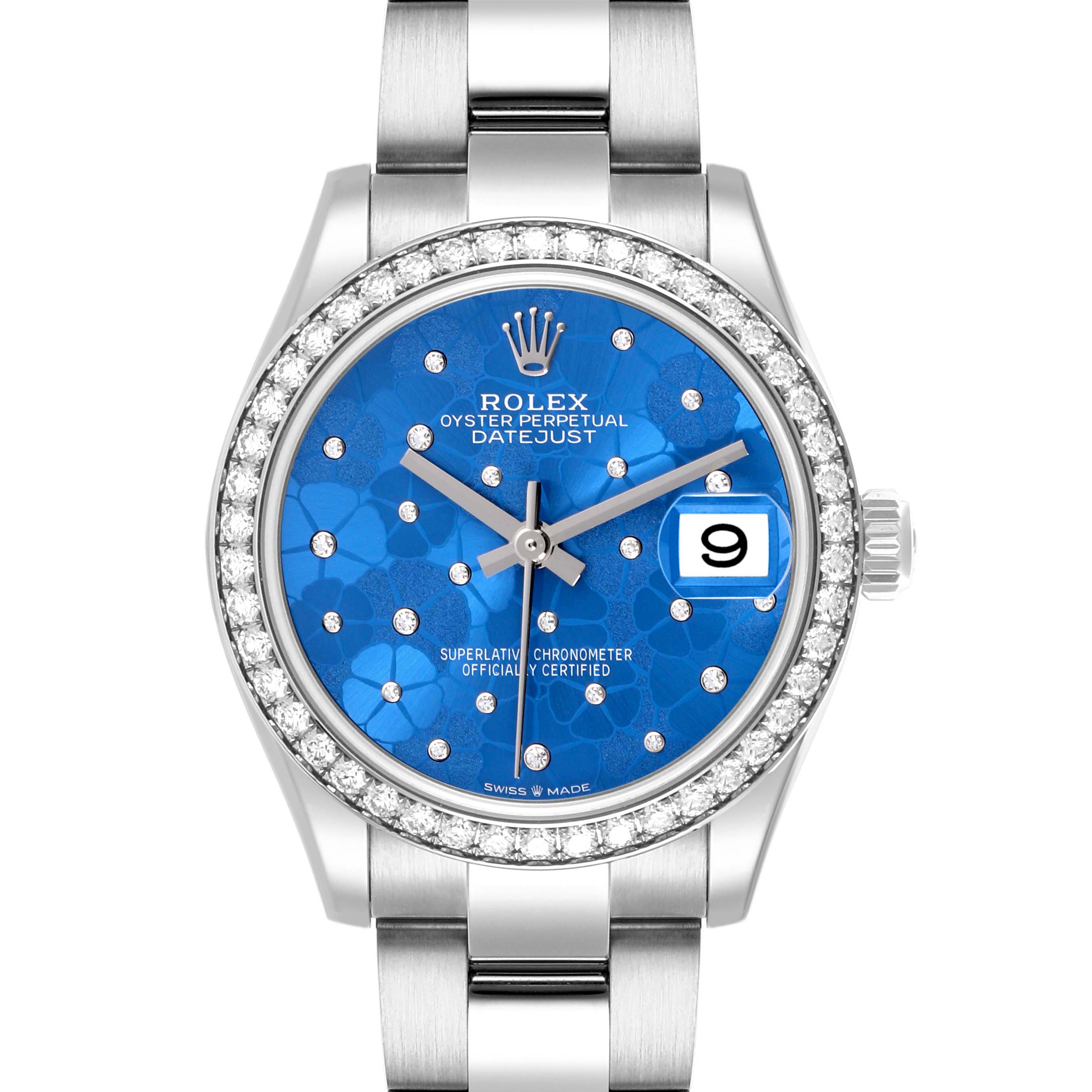 The Rolex Datejust Mid-Size watch is shown from the front, highlighting its blue dial, diamond markers, and bezel.