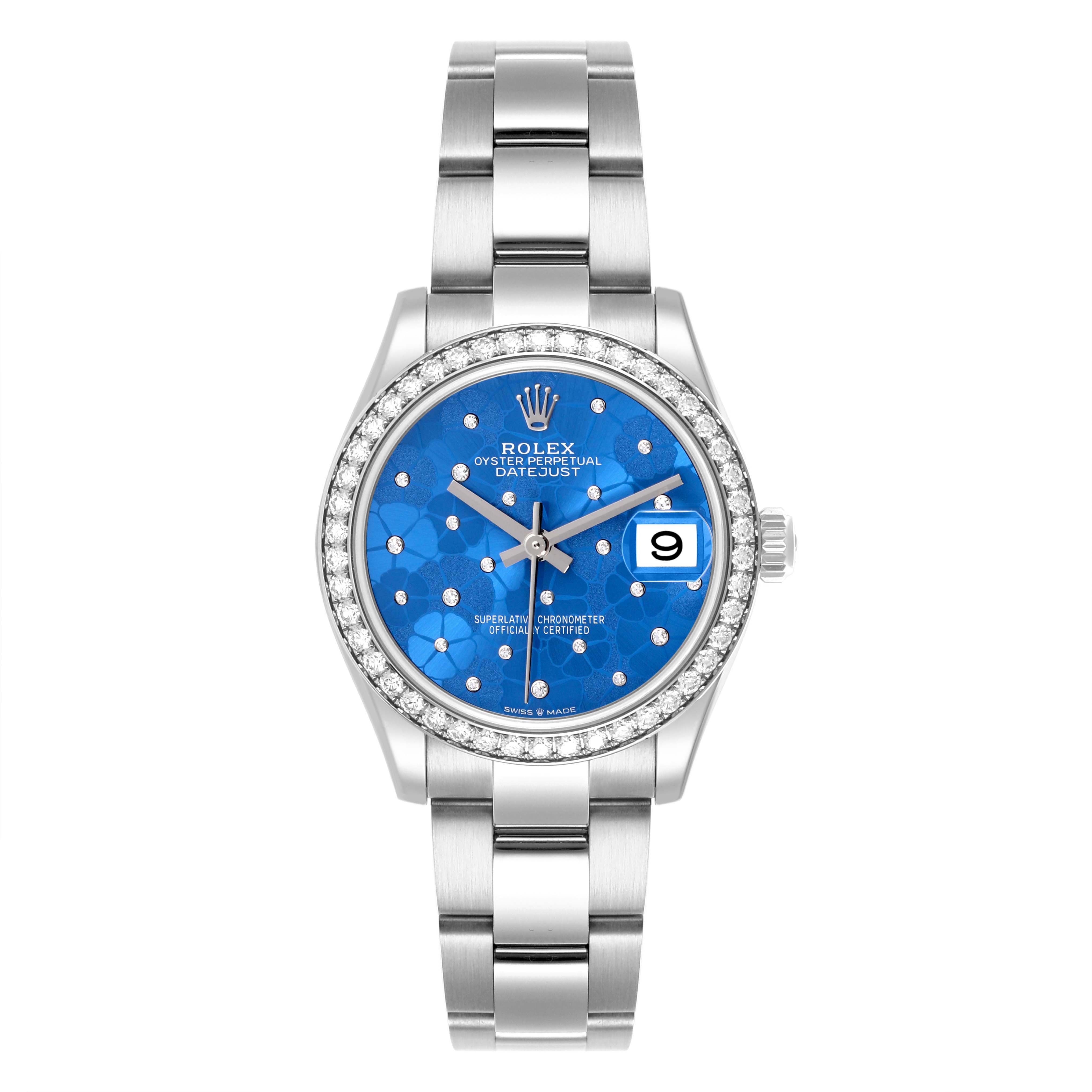 The Rolex Mid-Size 278384 Women's Stainless Steel Blue Dial 278384 Women's Stainless Steel Blue Dial Datejust is shown from the front, highlighting the blue dial and stainless steel bracelet.