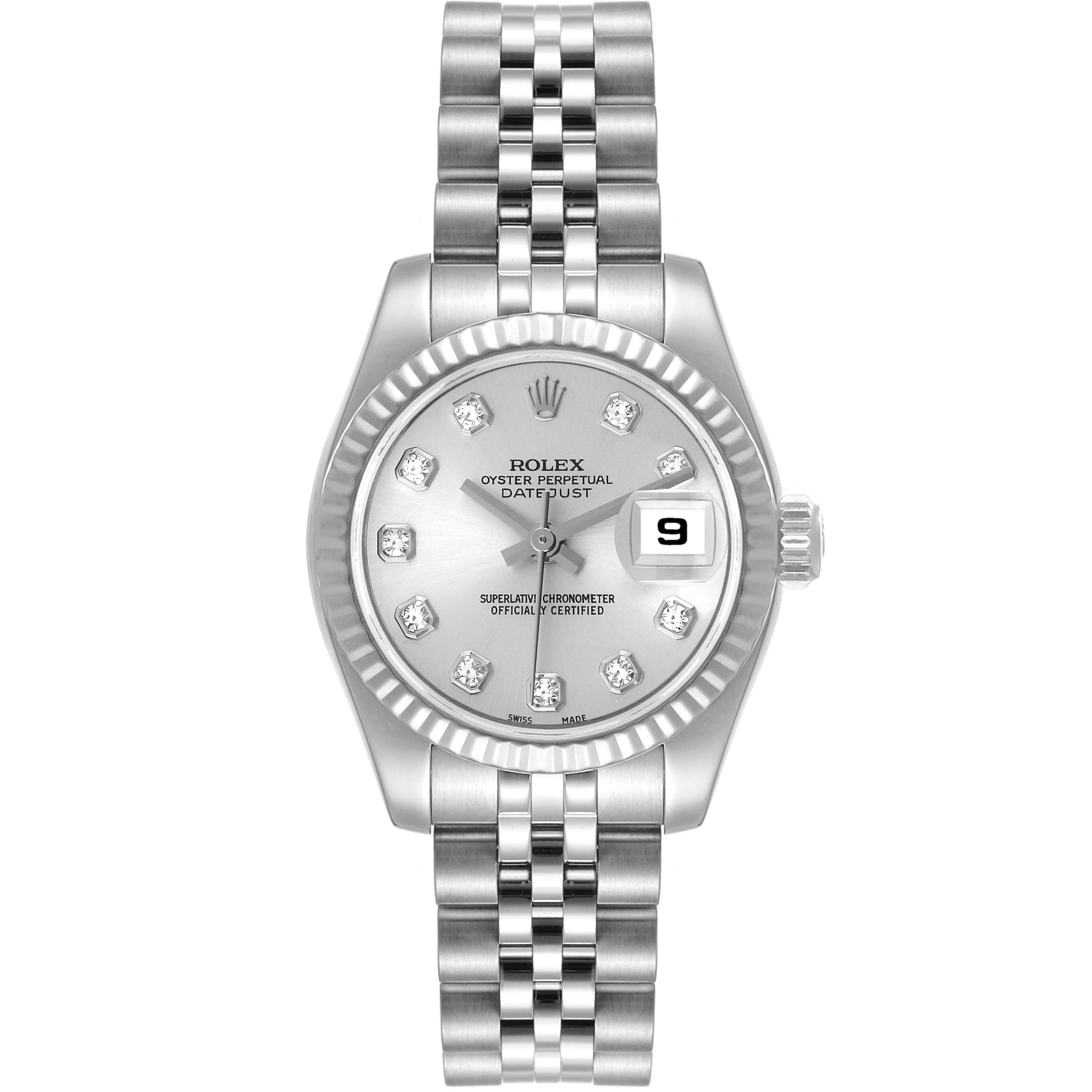 The image shows a Rolex Datejust 179174 Women's Stainless Steel Silver Dial 179174 Women's Stainless Steel Silver Dial watch from a top-down angle, highlighting its bracelet, fluted bezel, and date window.