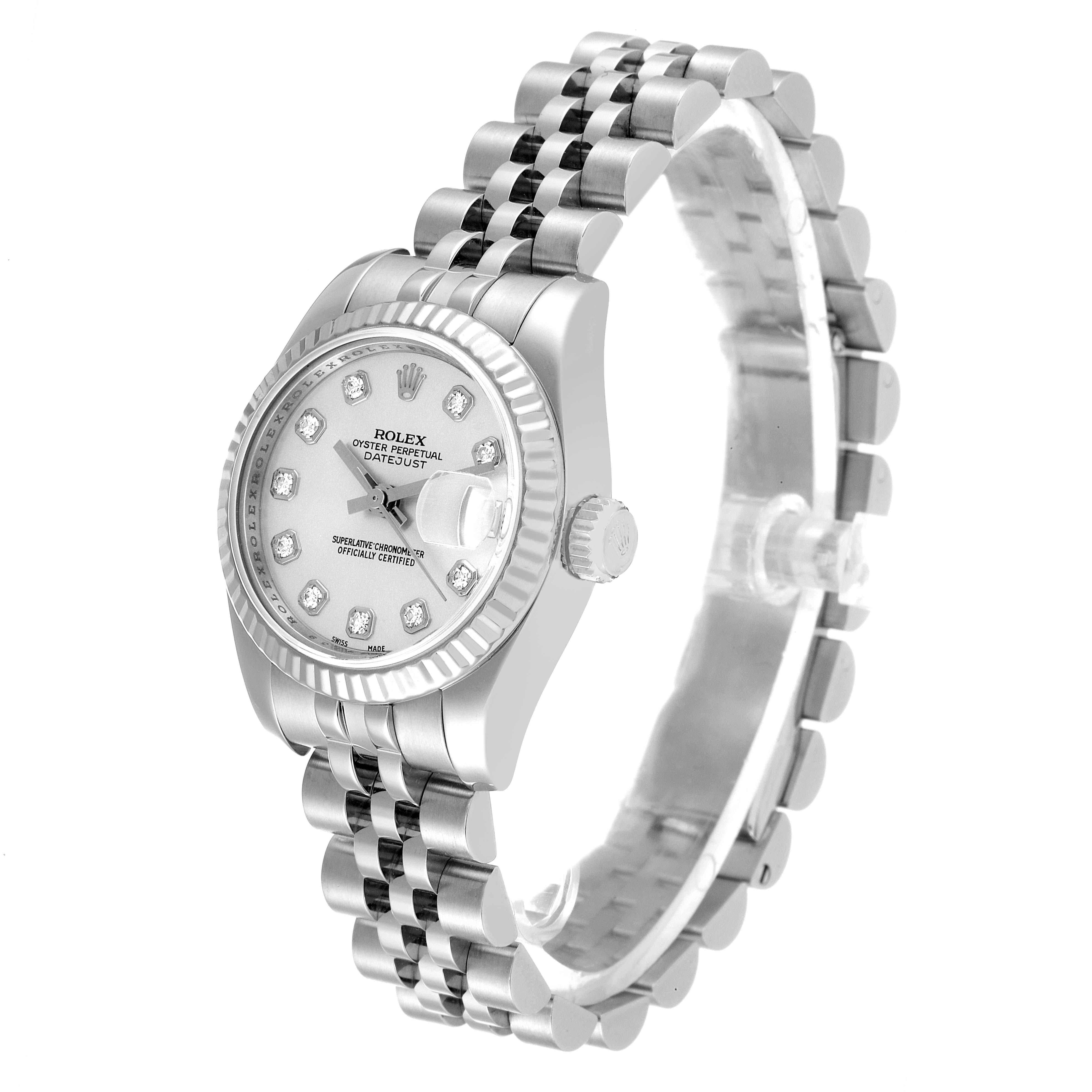 The image shows a Rolex Datejust 179174 Women's Stainless Steel Silver Dial 179174 Women's Stainless Steel Silver Dial watch from an angled side view, highlighting the bezel, dial, bracelet, and crown.
