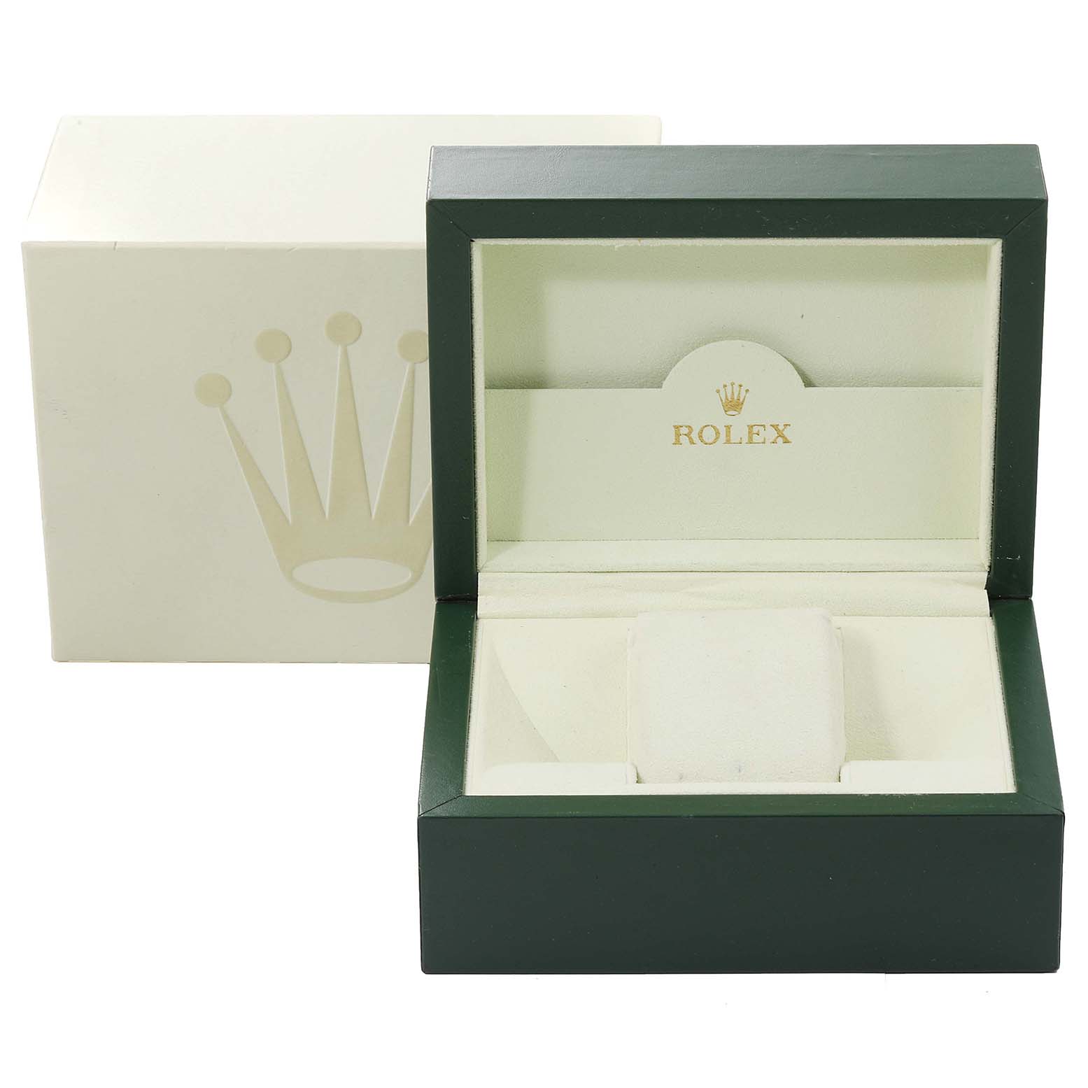 The image shows a Rolex Datejust 179174 Women's Stainless Steel Silver Dial 179174 Women's Stainless Steel Silver Dial watch box and outer packaging, viewed from the front with the box open and empty.