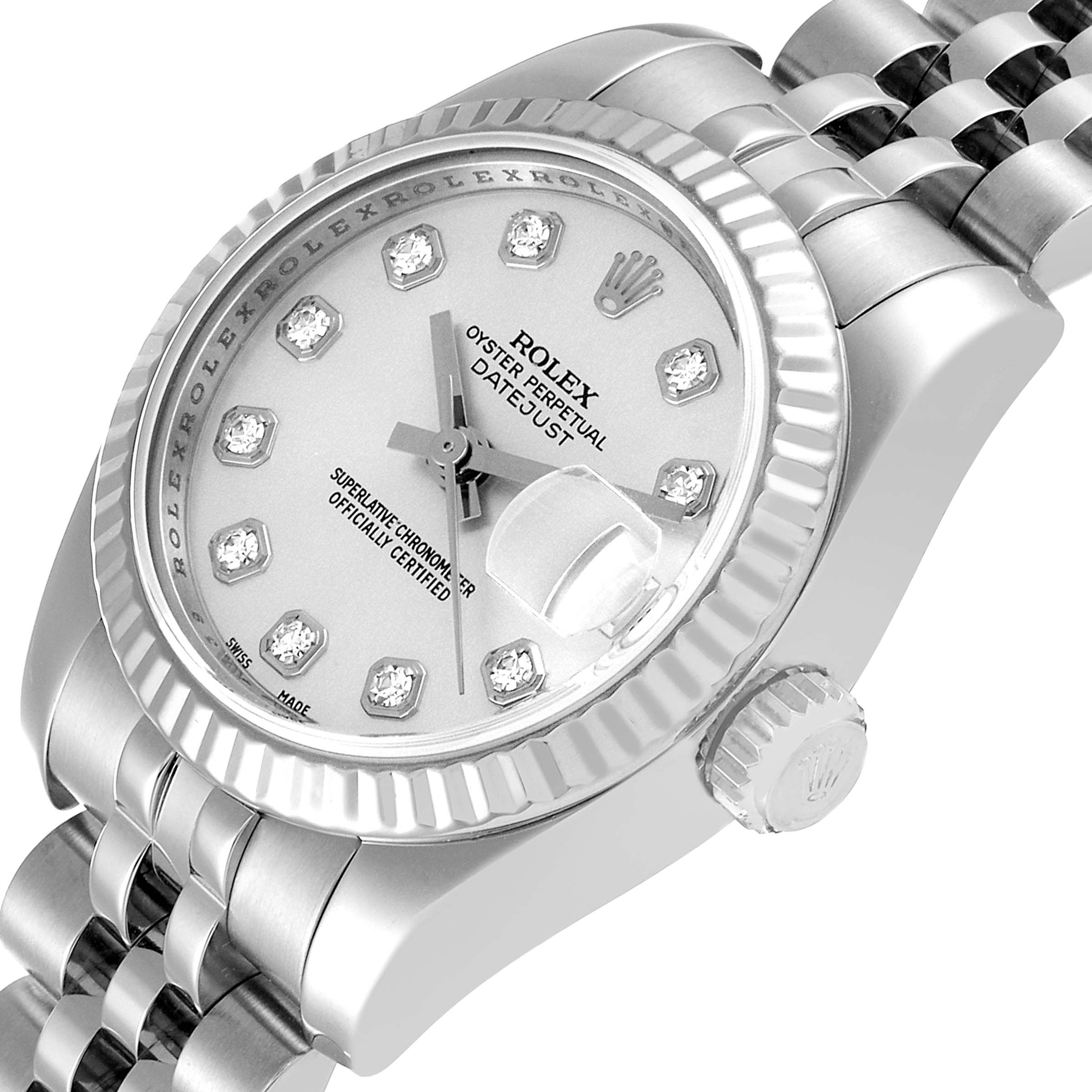 The image shows a silver Rolex Datejust 179174 Women's Stainless Steel Silver Dial 179174 Women's Stainless Steel Silver Dial watch at an angle highlighting its dial, bezel, crown, and part of the bracelet.