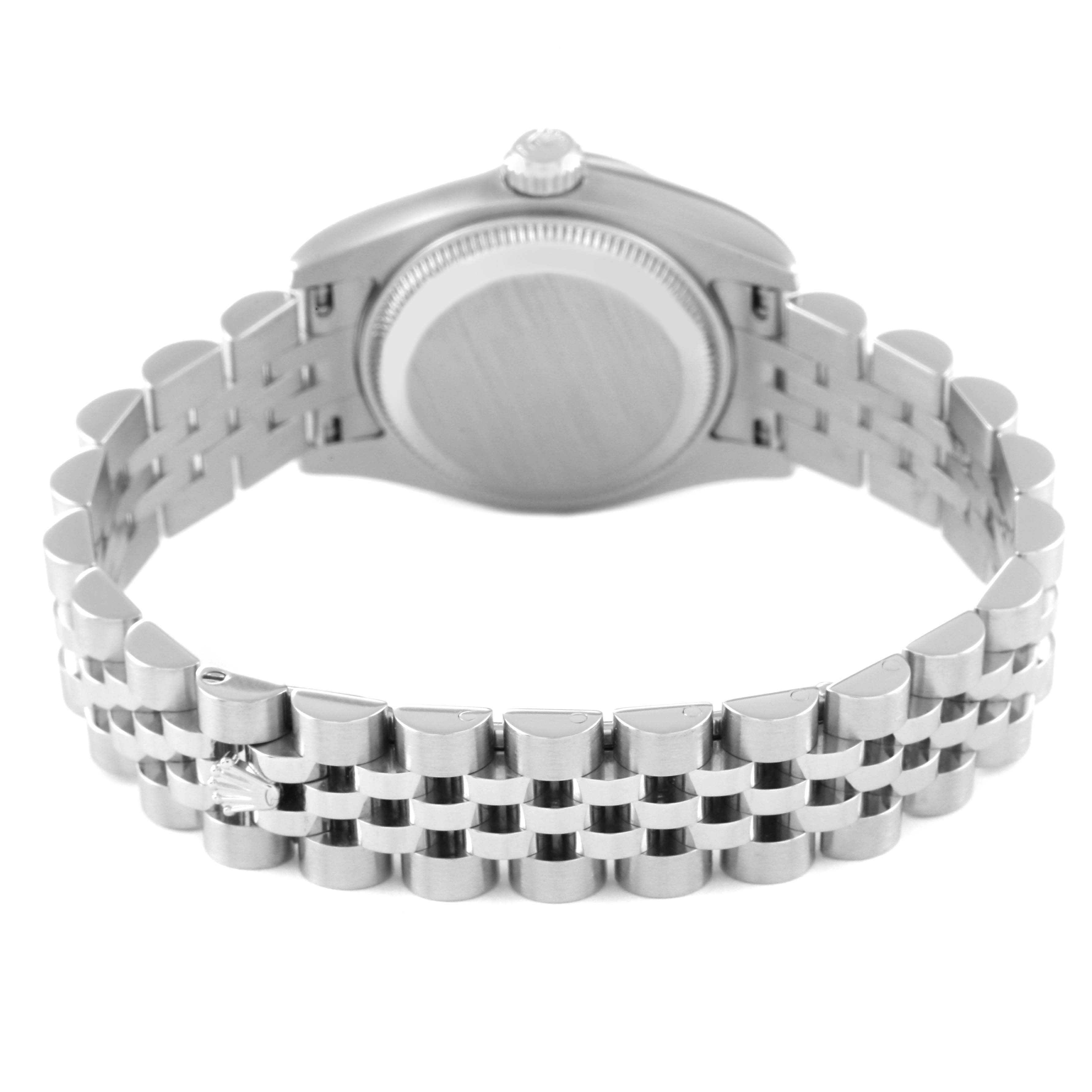 The image shows the back view of the Rolex Datejust 179174 Women's Stainless Steel Silver Dial 179174 Women's Stainless Steel Silver Dial watch, highlighting its bracelet and case back.
