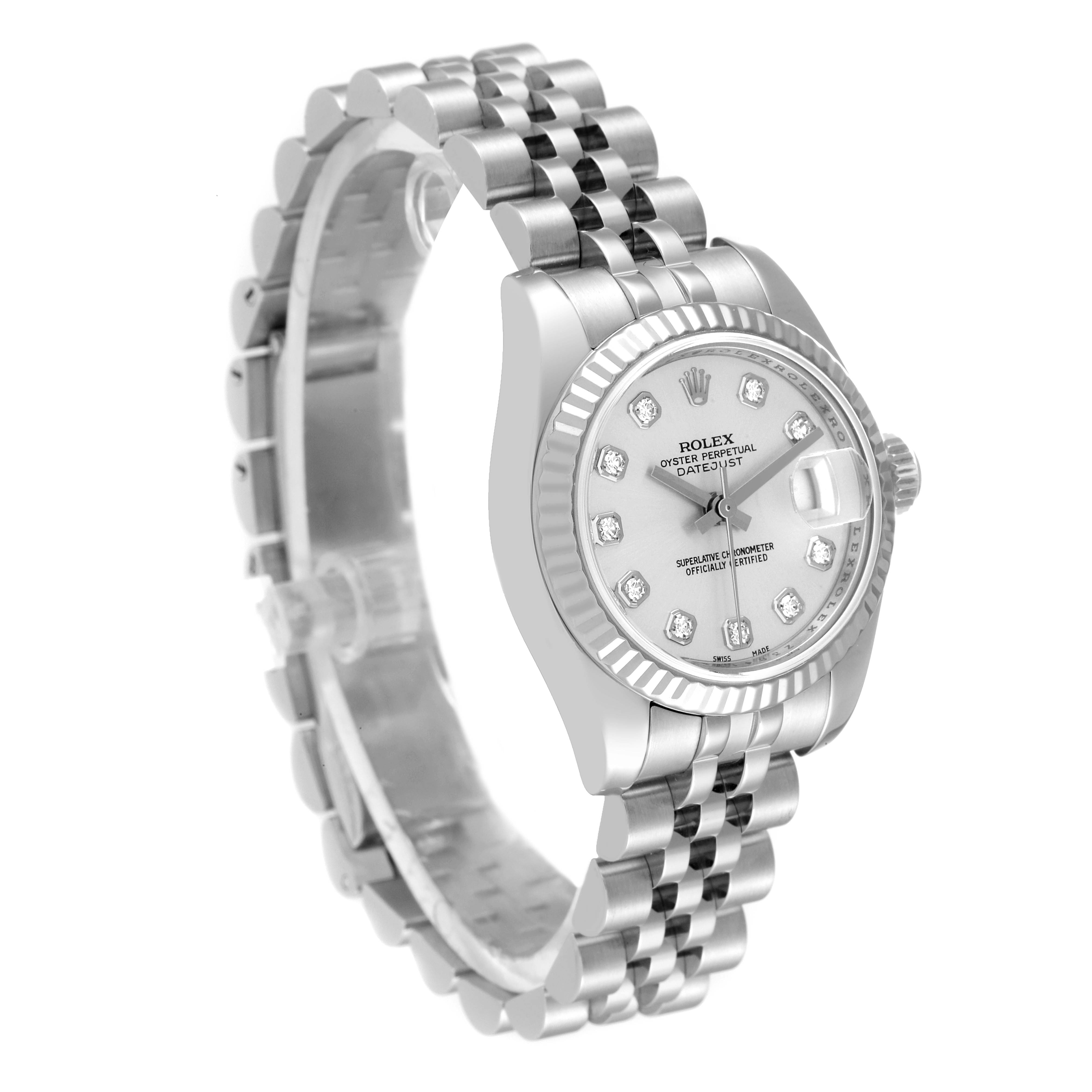 The Rolex Datejust 179174 Women's Stainless Steel Silver Dial 179174 Women's Stainless Steel Silver Dial watch is shown at a three-quarter angle featuring its dial, bezel, bracelet, and partially the crown.