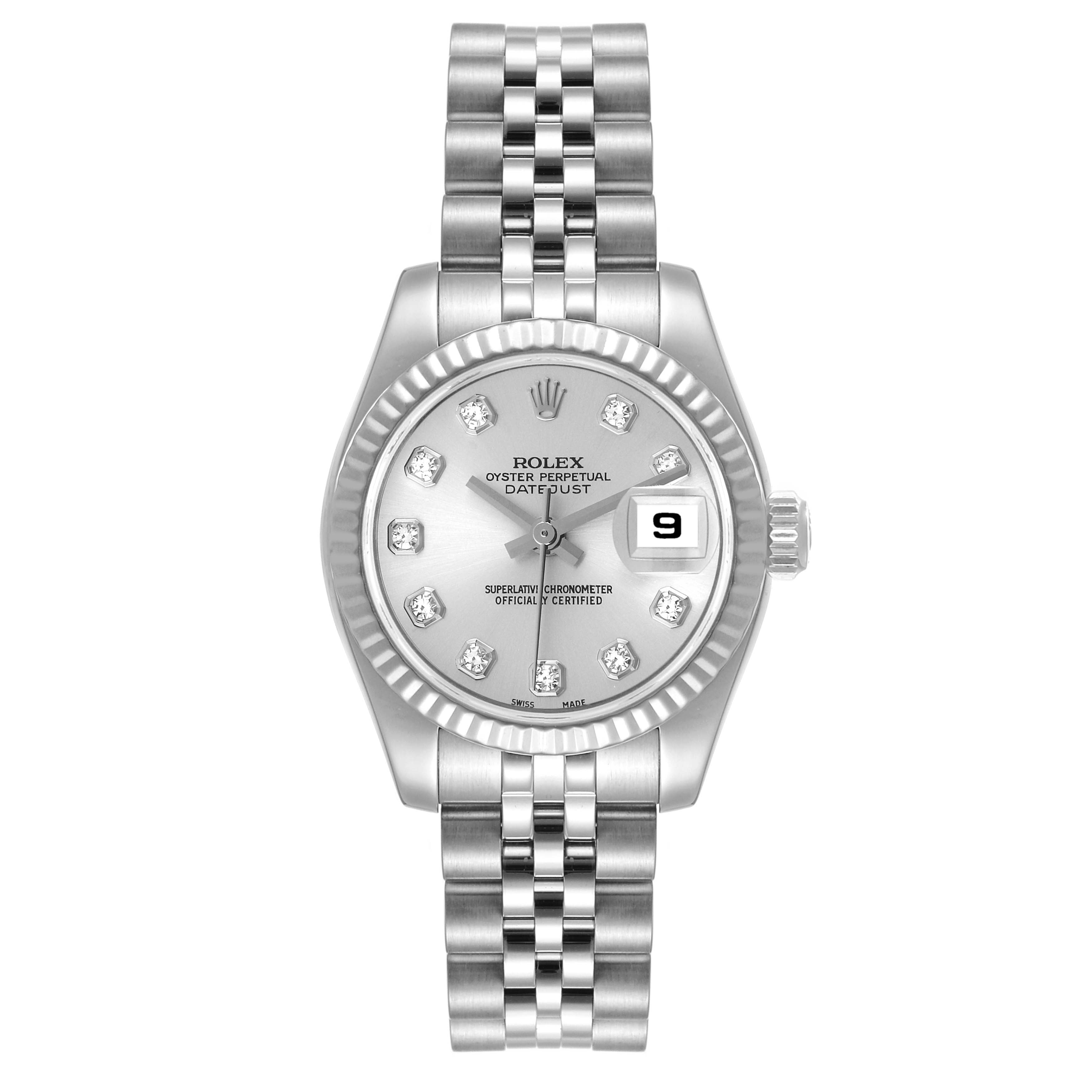 The image shows a Rolex Datejust 179174 Women's Stainless Steel Silver Dial 179174 Women's Stainless Steel Silver Dial watch from a front angle, highlighting its dial, bezel, and Jubilee bracelet.