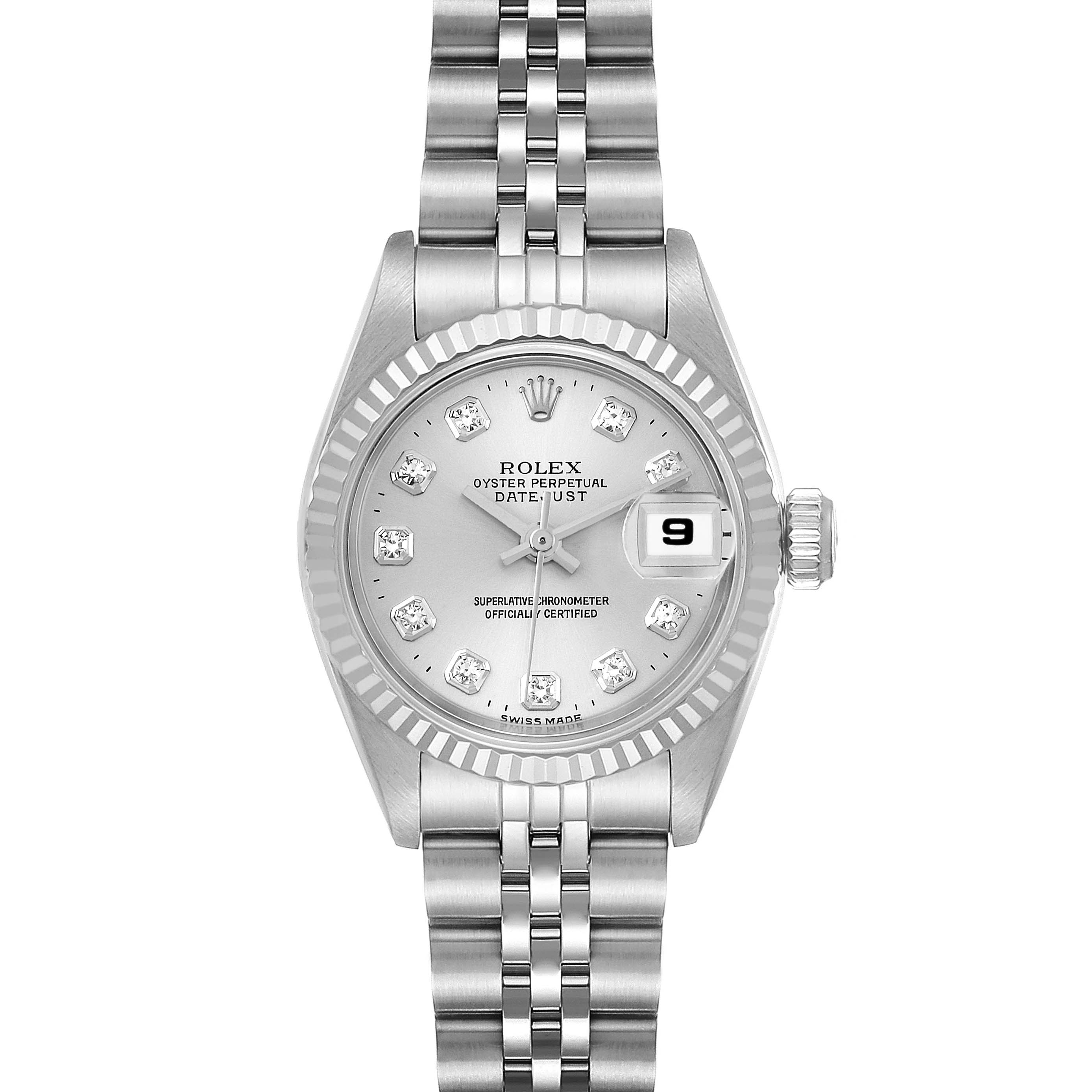 This image shows a front view of the Rolex Datejust 69174 Women's Stainless Steel Silver Dial 69174 Women's Stainless Steel Silver Dial watch, detailing the dial, bezel, crown, and bracelet.