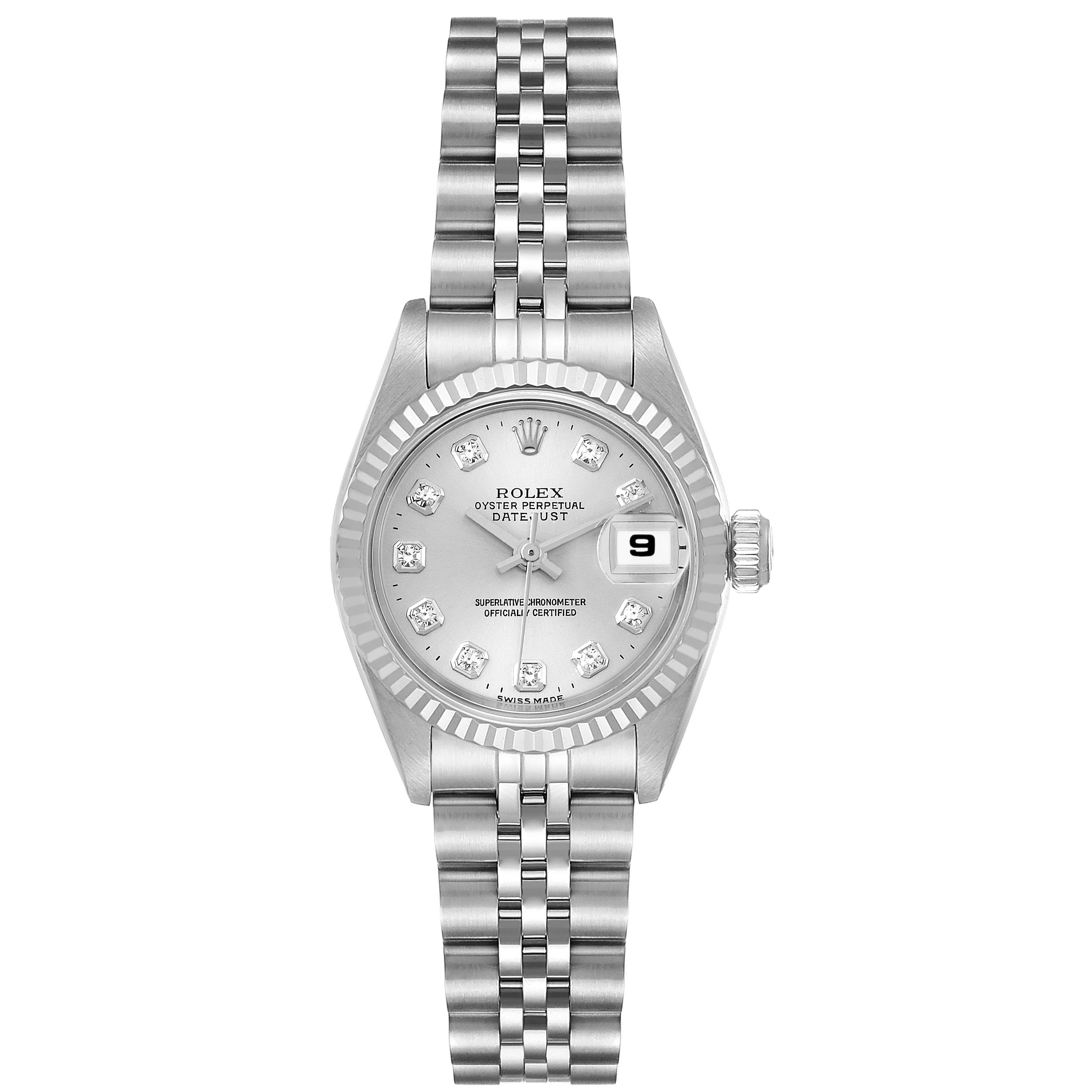 The image shows a frontal view of the Rolex Datejust 69174 Women's Stainless Steel Silver Dial 69174 Women's Stainless Steel Silver Dial watch, highlighting the dial, bezel, bracelet, and date window.