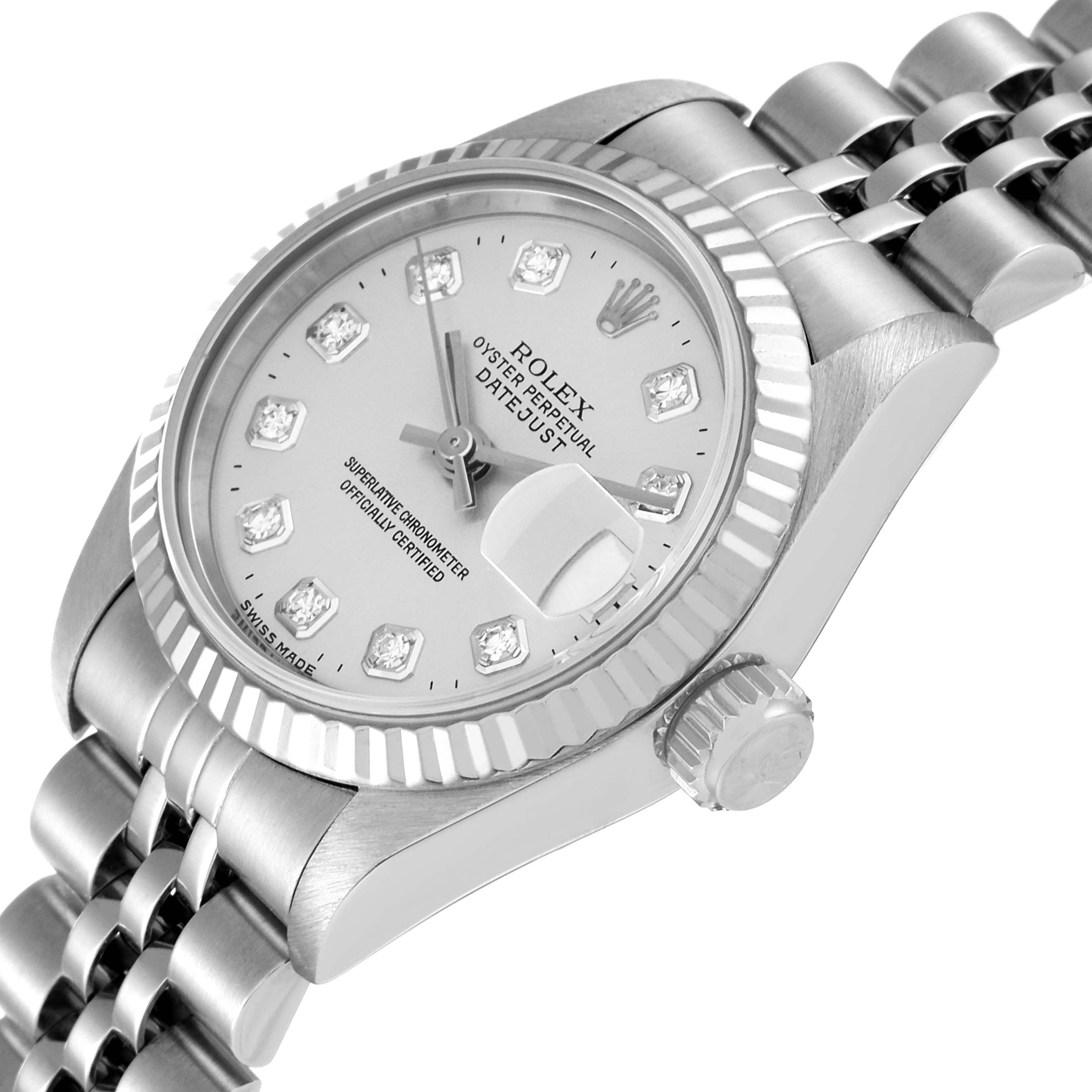 The image shows a close-up, angled view of a Rolex Datejust 69174 Women's Stainless Steel Silver Dial 69174 Women's Stainless Steel Silver Dial watch, highlighting its face, bezel, crown, and part of the bracelet.