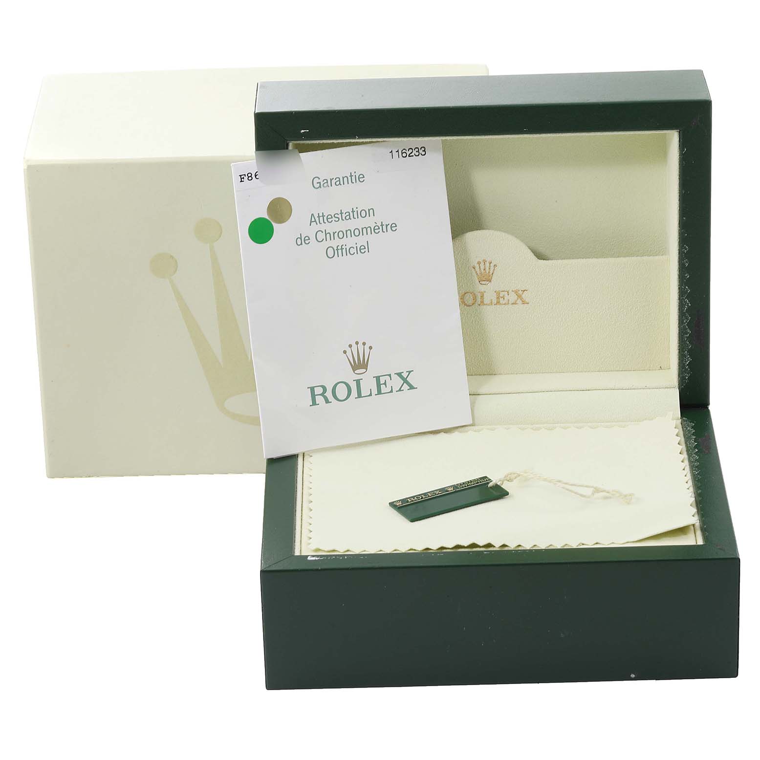 The image shows the Datejust model by Rolex packaging with its box, warranty card, and tag, viewed from the front.