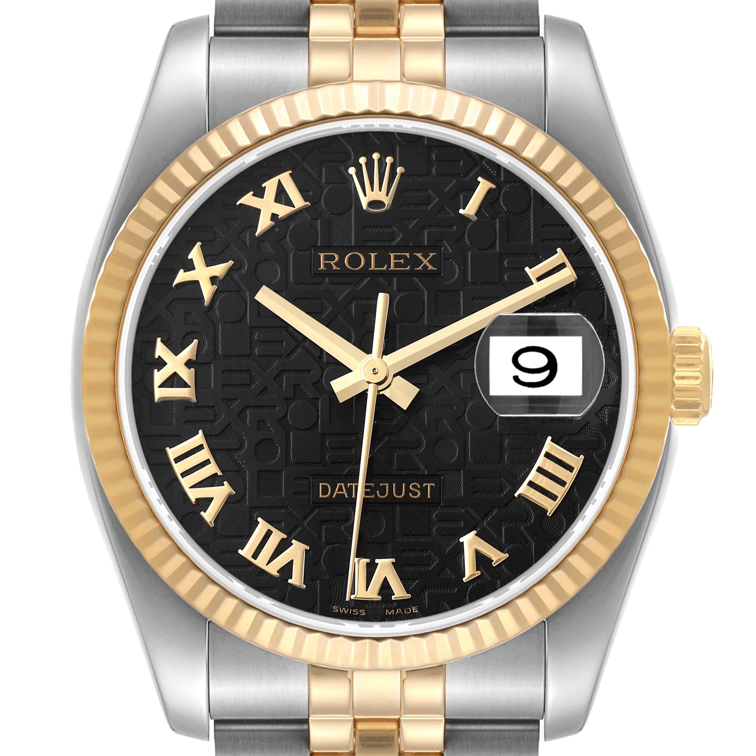 This image shows a front view of the Rolex Datejust 116233 Men's Steel and Gold (two tone) Black Dial 116233 Men's Steel and Gold (two tone) Black Dial watch, highlighting the black dial, Roman numerals, date display, and gold accents.