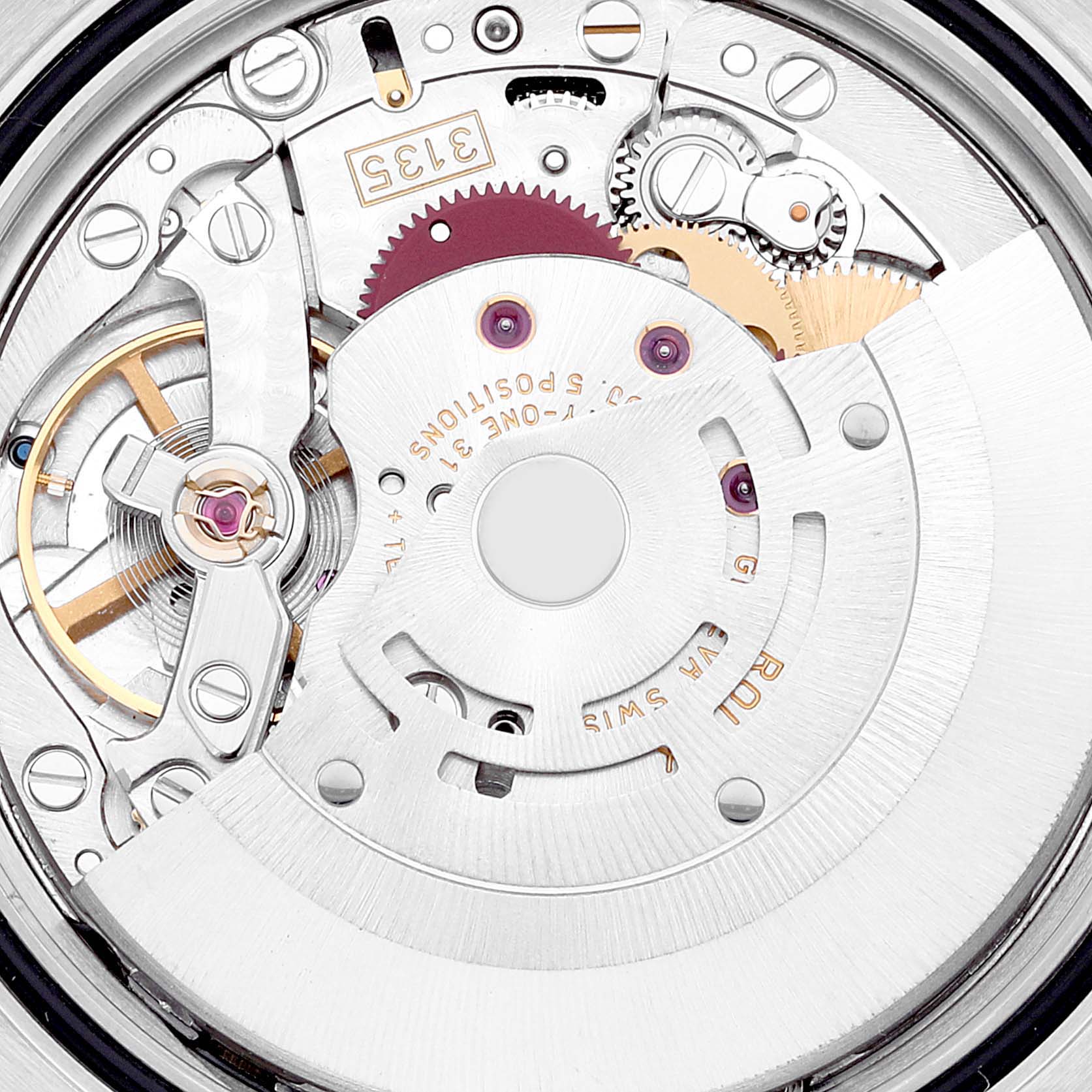 This image shows a close-up view of the internal mechanism of a Rolex Datejust 116233 Men's Steel and Gold (two tone) Black Dial 116233 Men's Steel and Gold (two tone) Black Dial watch, highlighting its intricate gears and components.