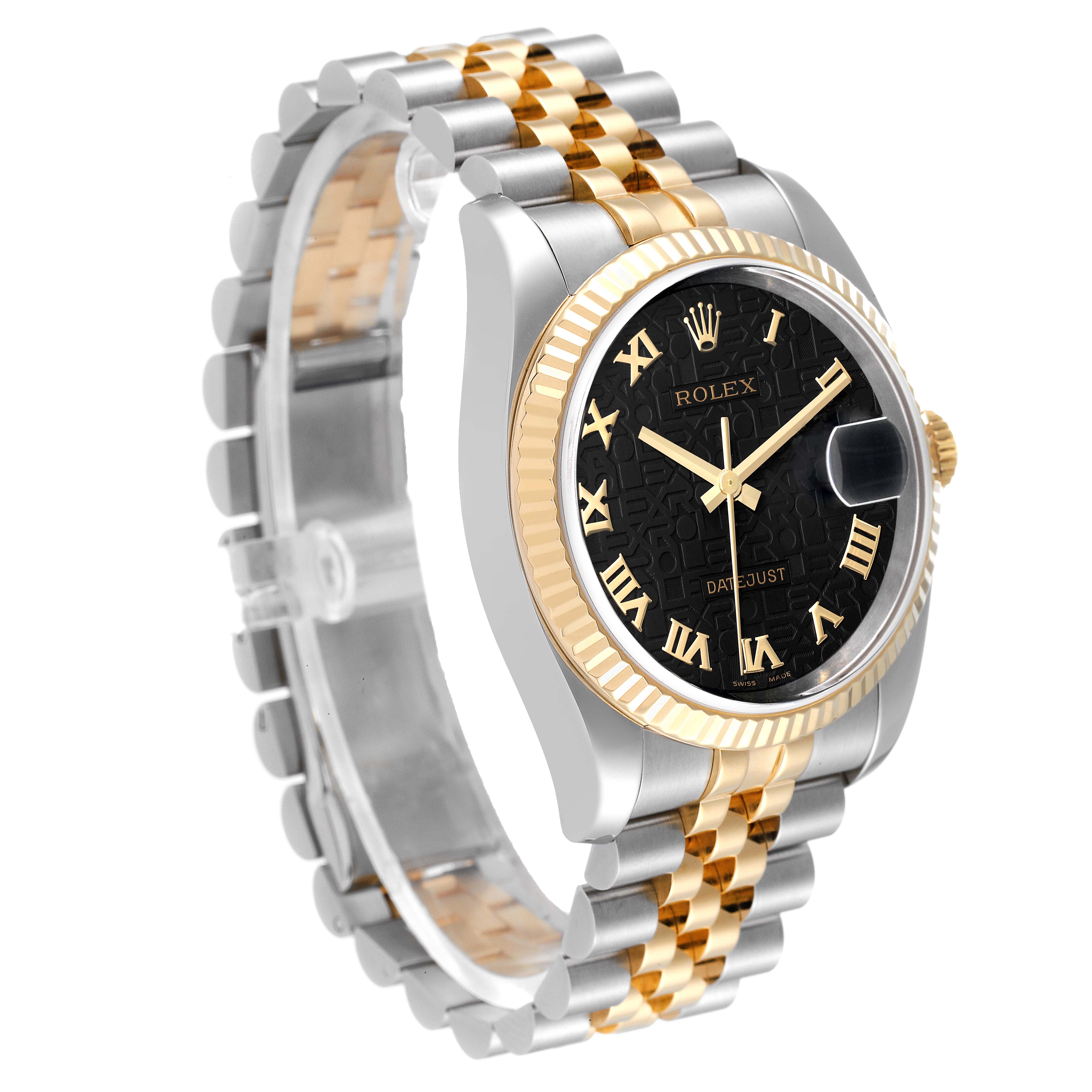 The angle shows the Rolex Datejust 116233 Men's Steel and Gold (two tone) Black Dial 116233 Men's Steel and Gold (two tone) Black Dial watch from the left-front, highlighting the bezel, dial, and two-tone bracelet.