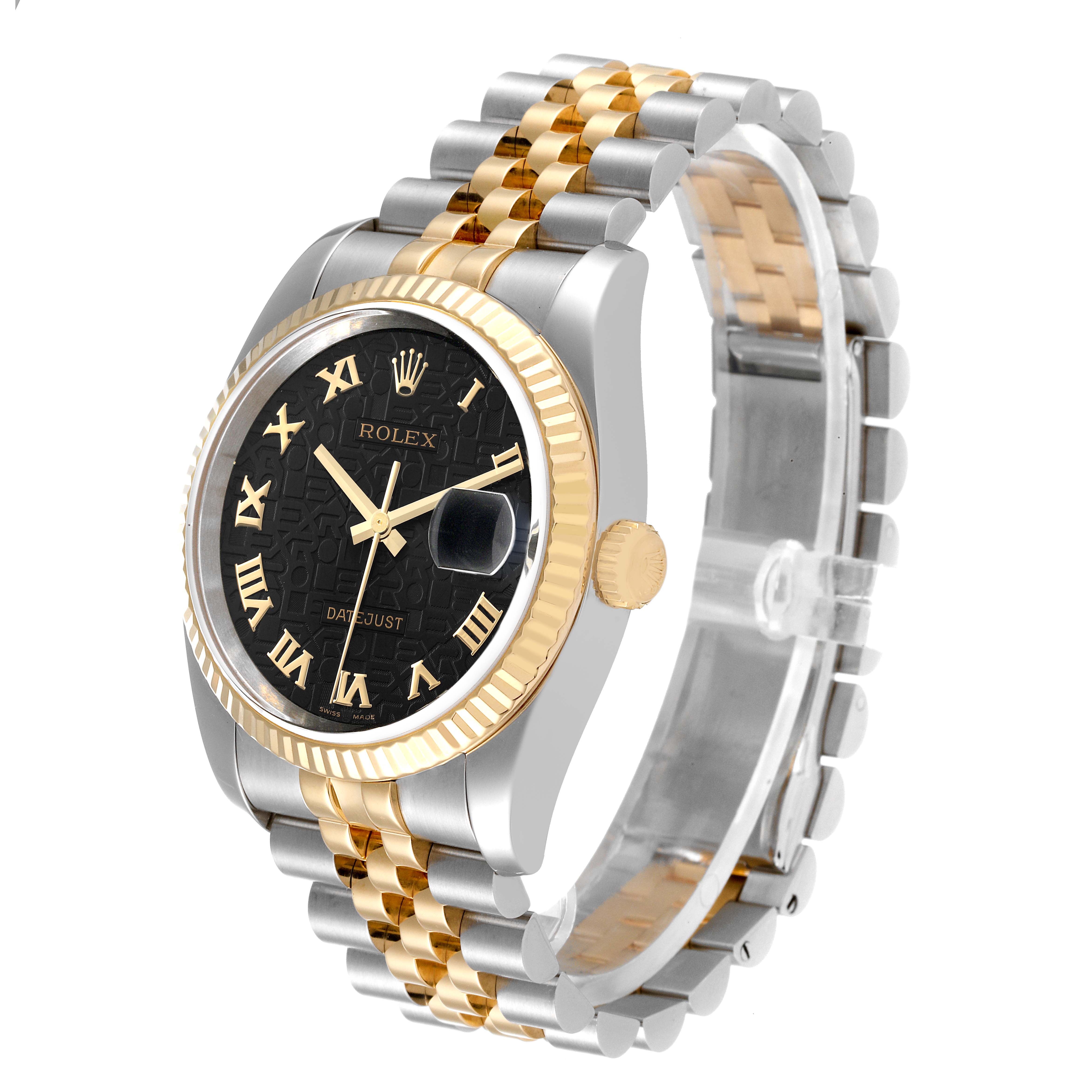 The image shows a Rolex Datejust 116233 Men's Steel and Gold (two tone) Black Dial 116233 Men's Steel and Gold (two tone) Black Dial watch angled to display the face, crown, and two-tone bracelet.