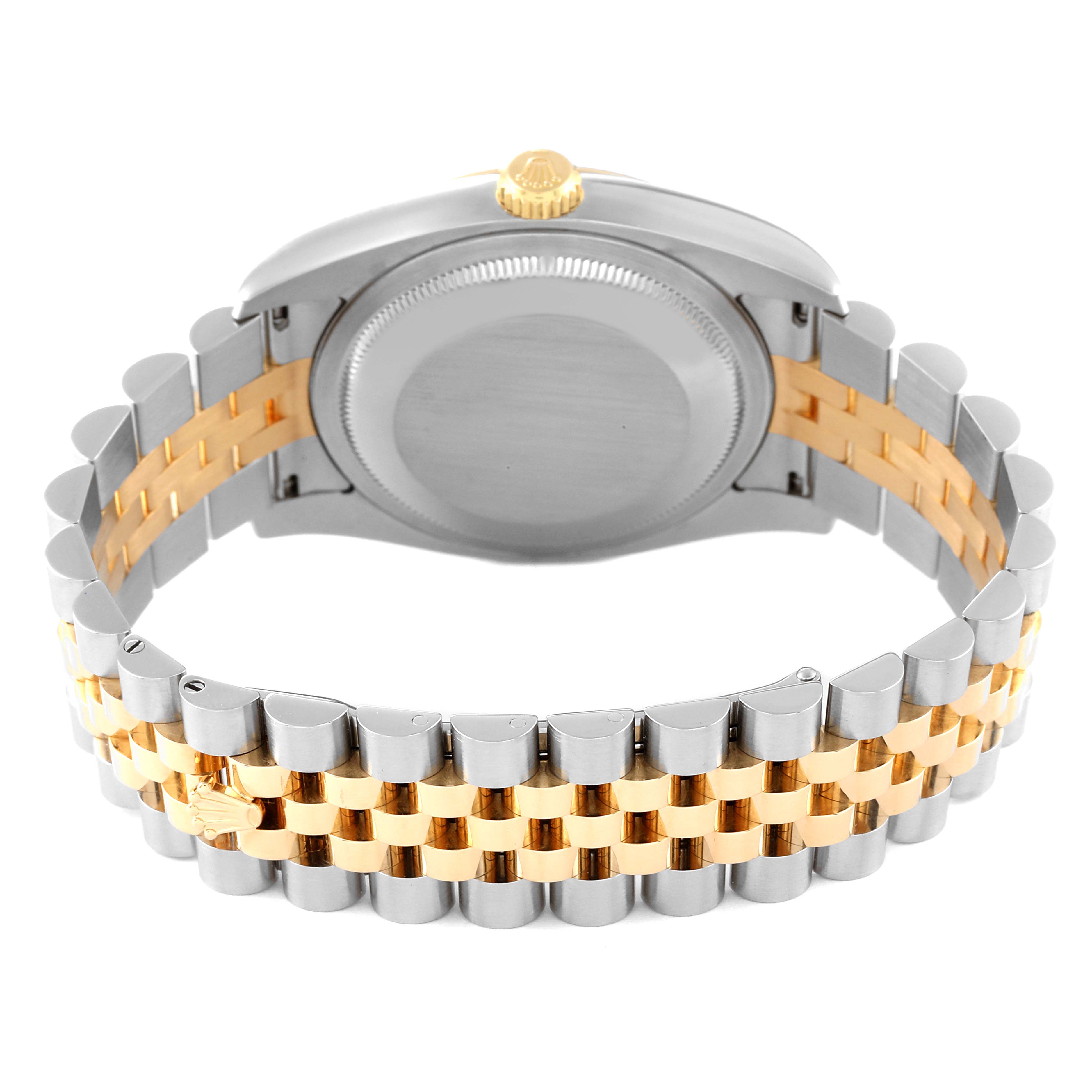 The image shows the back view of a Rolex Datejust 116233 Men's Steel and Gold (two tone) Black Dial 116233 Men's Steel and Gold (two tone) Black Dial watch highlighting its case and two-tone metal bracelet.