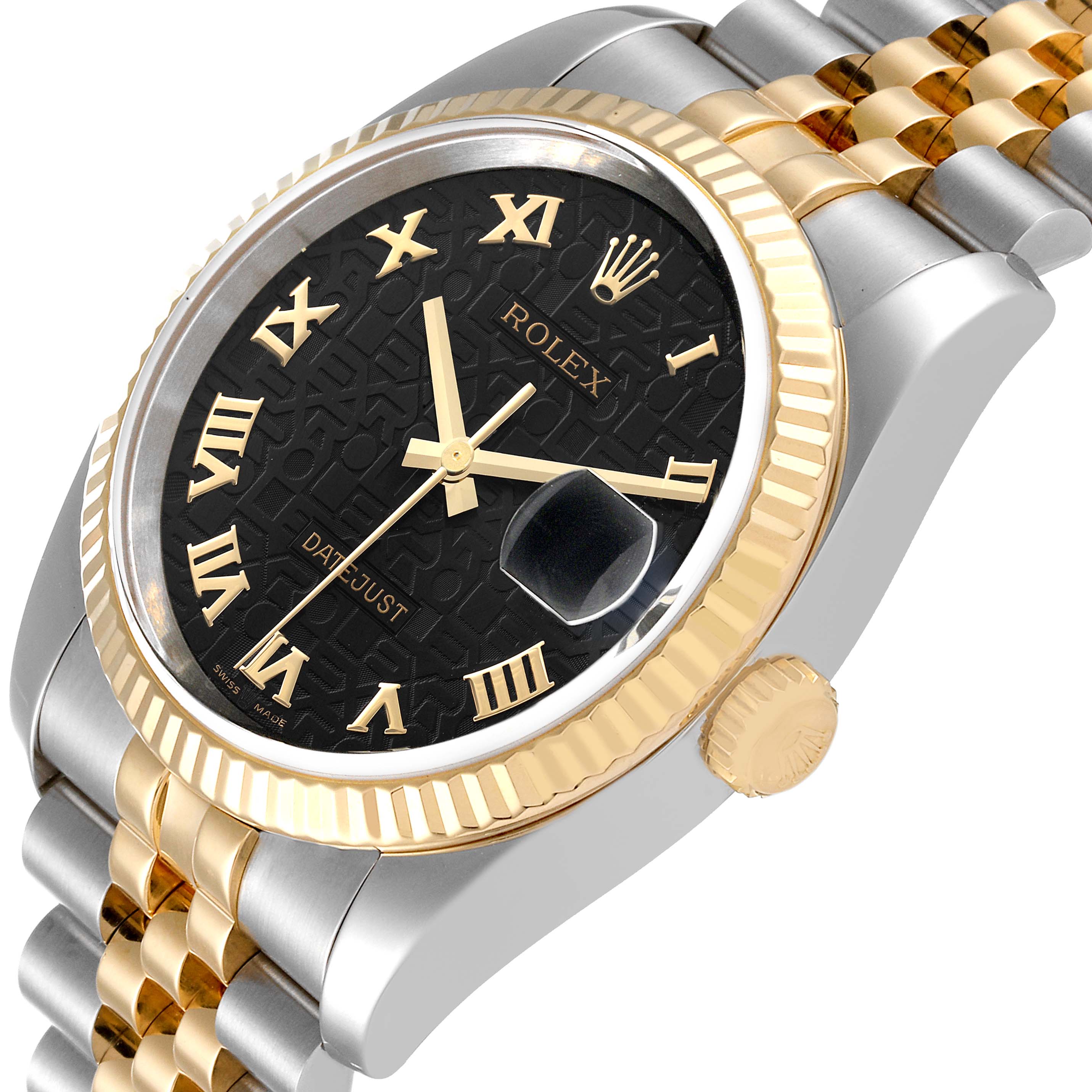 This image shows a Rolex Datejust 116233 Men's Steel and Gold (two tone) Black Dial 116233 Men's Steel and Gold (two tone) Black Dial model from an angled view, highlighting the dial, fluted bezel, Roman numeral markers, and two-tone bracelet.