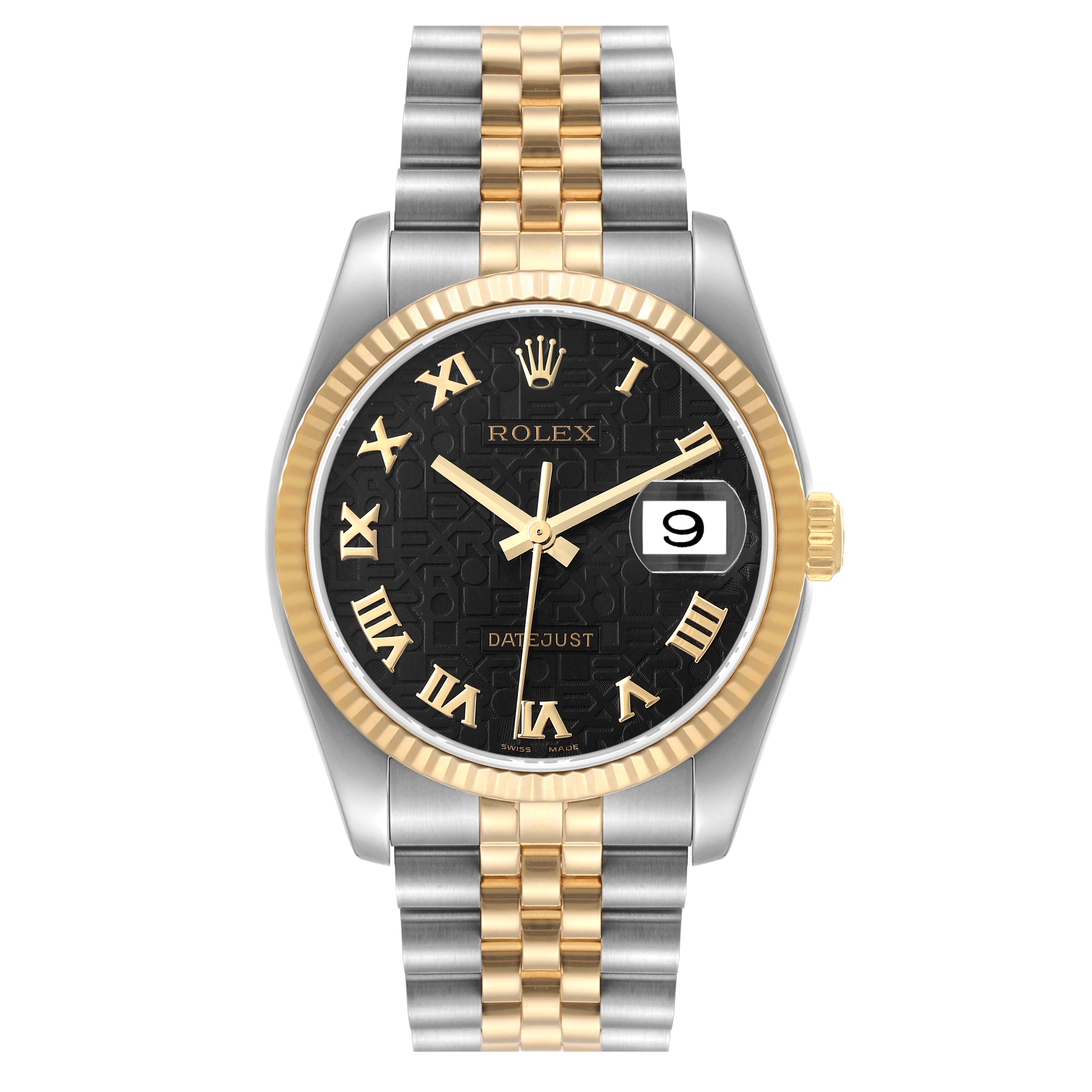 The Rolex Datejust 116233 Men's Steel and Gold (two tone) Black Dial 116233 Men's Steel and Gold (two tone) Black Dial watch is shown from a front angle, highlighting its black dial, gold detailing, and two-tone bracelet.