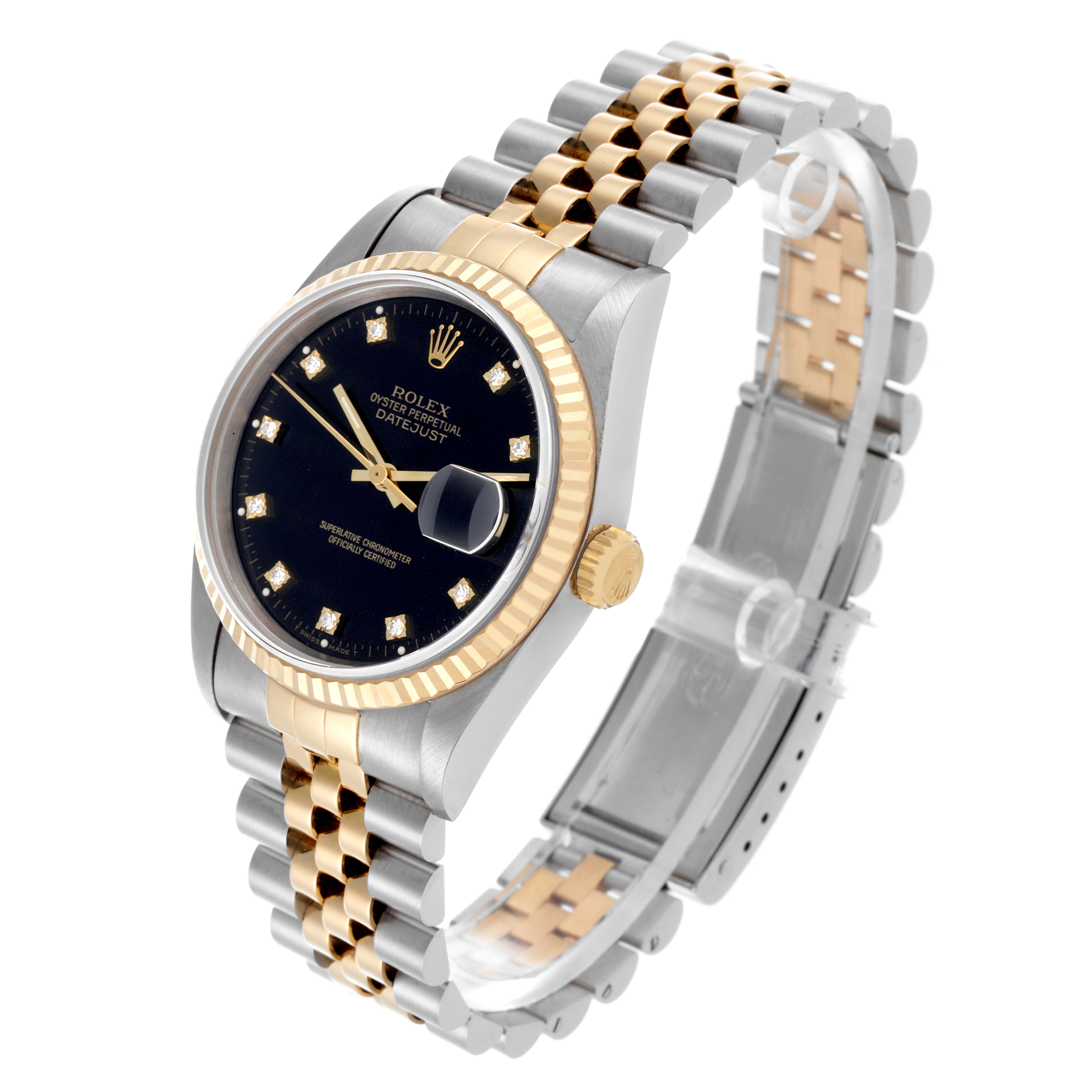 The Rolex Datejust 16233 Men's Steel and Gold (two tone) Black Dial 16233 Men's Steel and Gold (two tone) Black Dial watch is shown at a slight angle, highlighting the black dial, gold fluted bezel, and two-tone bracelet.