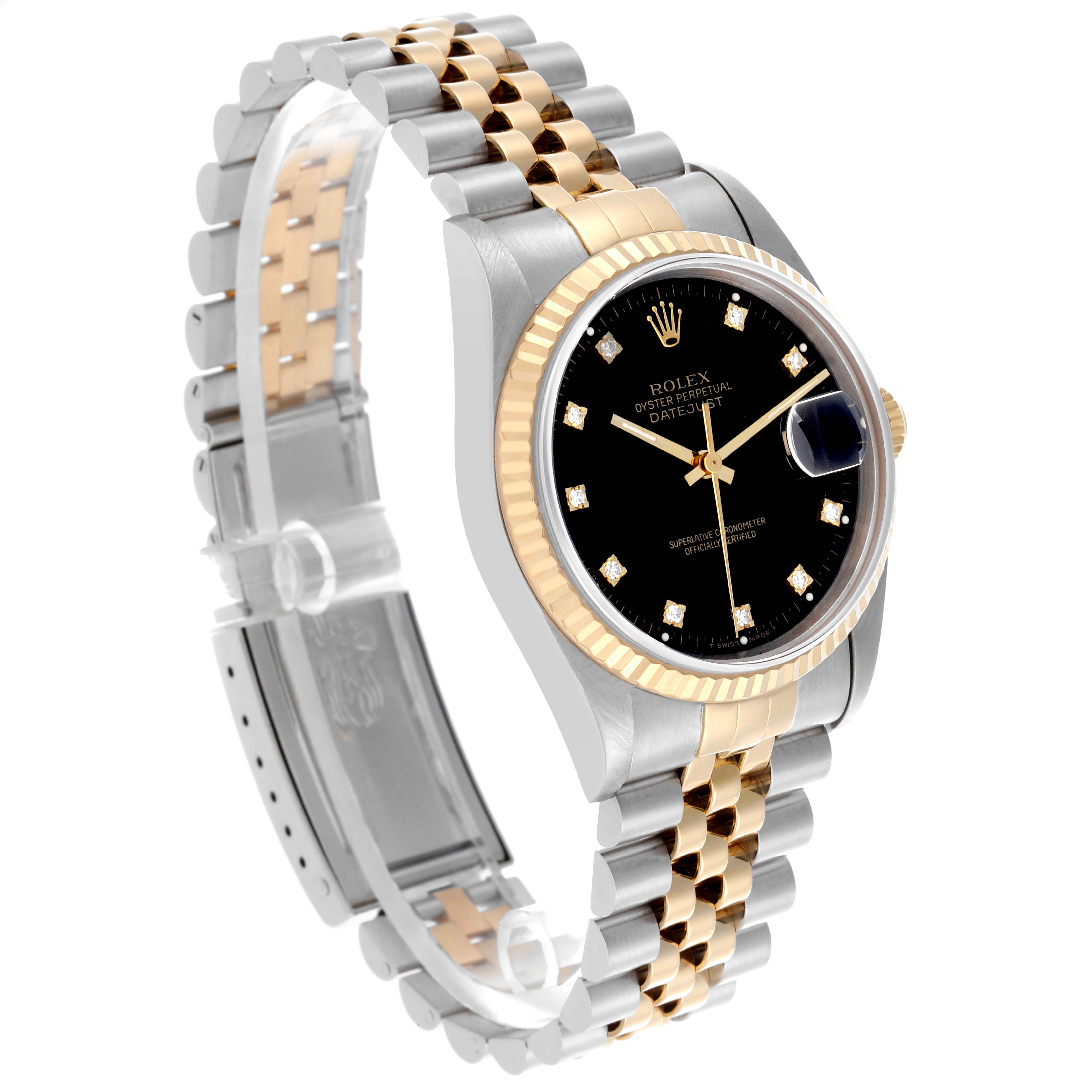The Rolex Datejust 16233 Men's Steel and Gold (two tone) Black Dial 16233 Men's Steel and Gold (two tone) Black Dial watch is angled to showcase the black dial, gold bezel, and two-tone bracelet.
