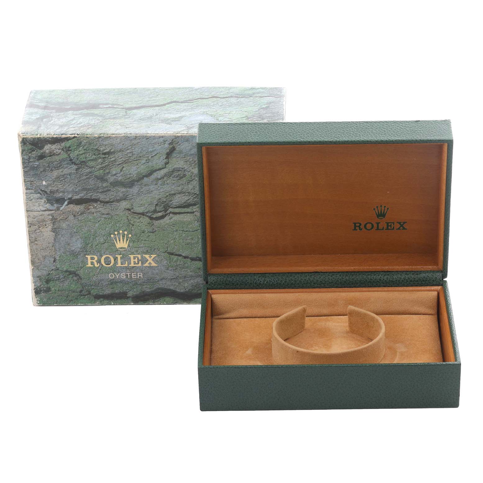 The image shows an open green Rolex Datejust 16233 Men's Steel and Gold (two tone) Black Dial 16233 Men's Steel and Gold (two tone) Black Dial watch box and an outer cardboard sleeve.