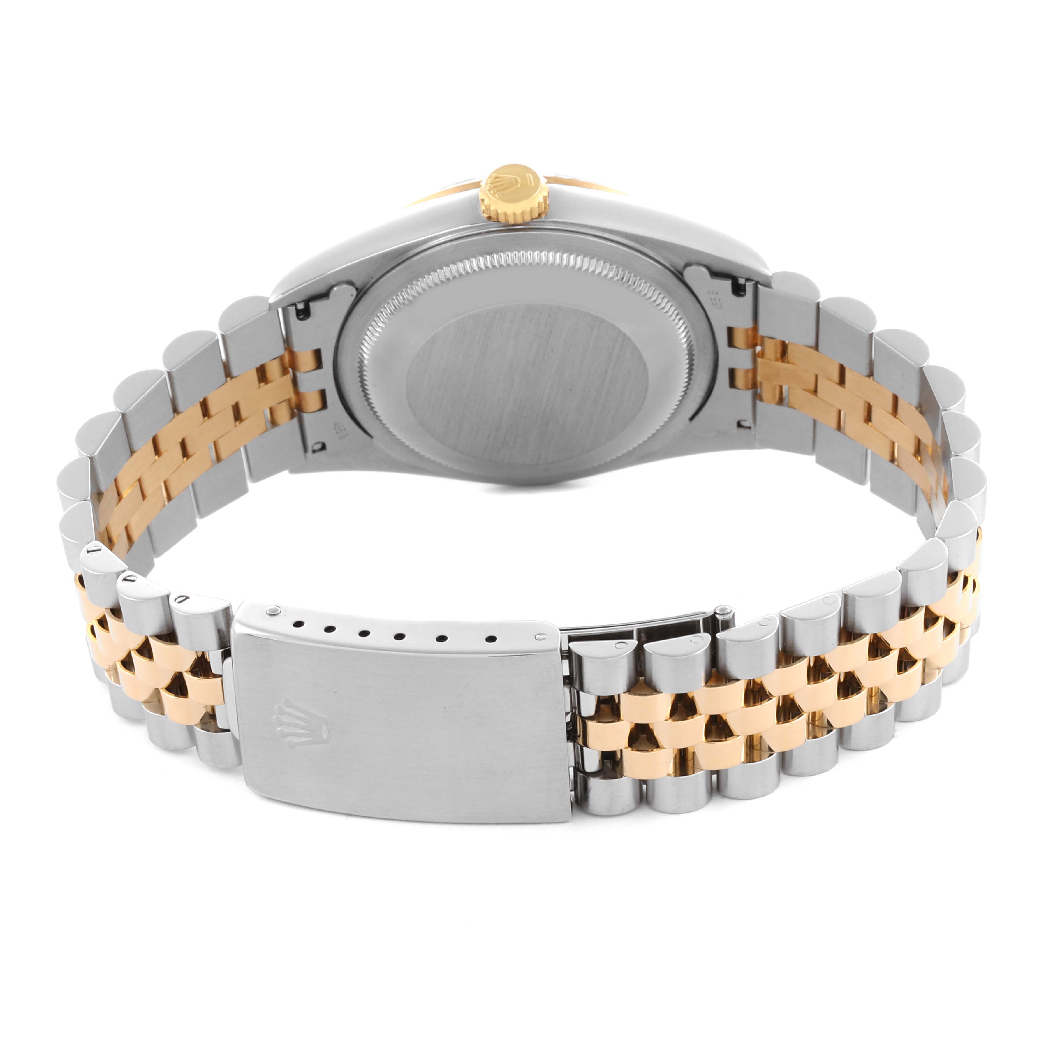 The Rolex Datejust 16233 Men's Steel and Gold (two tone) Black Dial 16233 Men's Steel and Gold (two tone) Black Dial watch is shown from the back, displaying its clasp, bracelet, and case back.