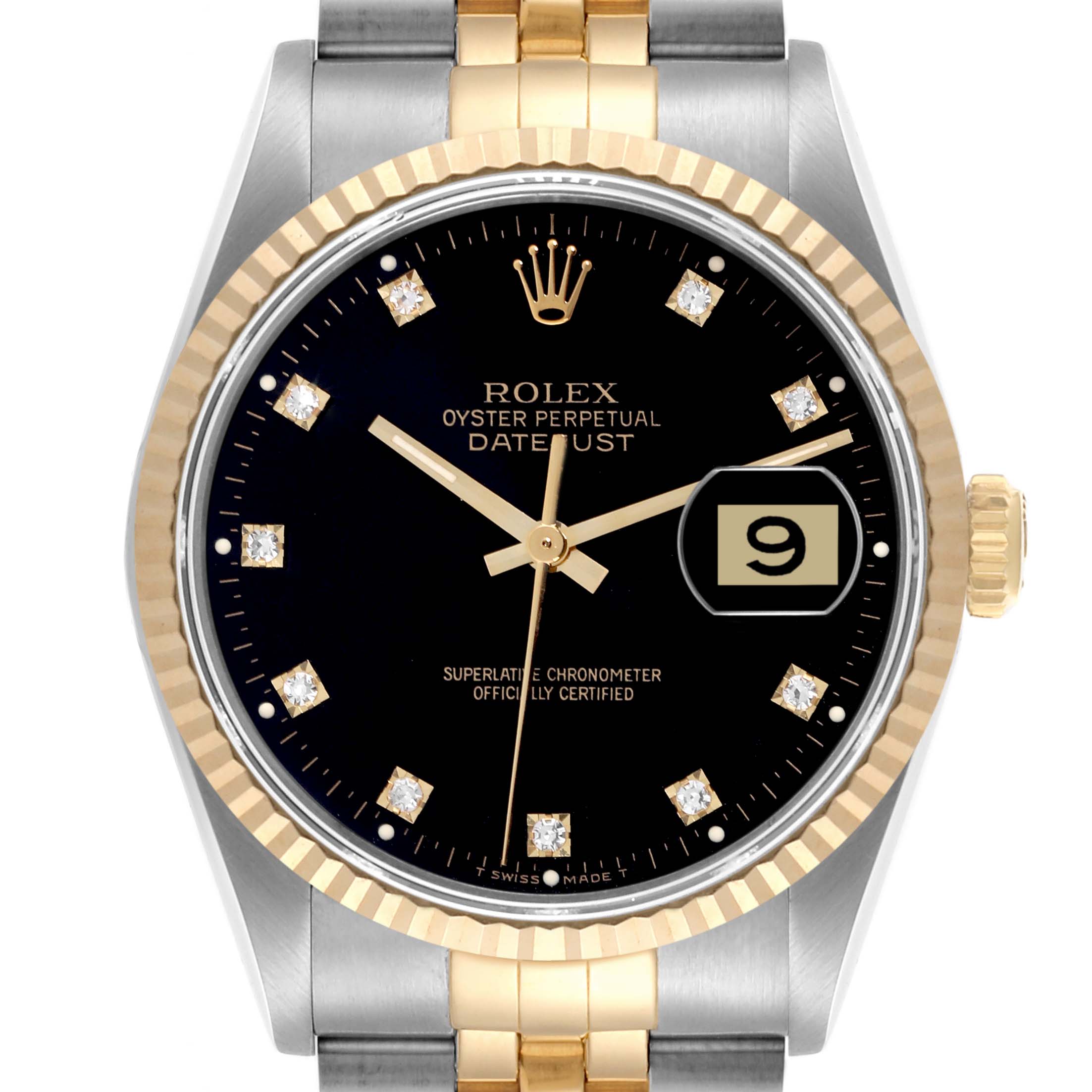 The Rolex Datejust 16233 Men's Steel and Gold (two tone) Black Dial 16233 Men's Steel and Gold (two tone) Black Dial watch is shown from the front, highlighting the dial, bezel, and part of the bracelet.