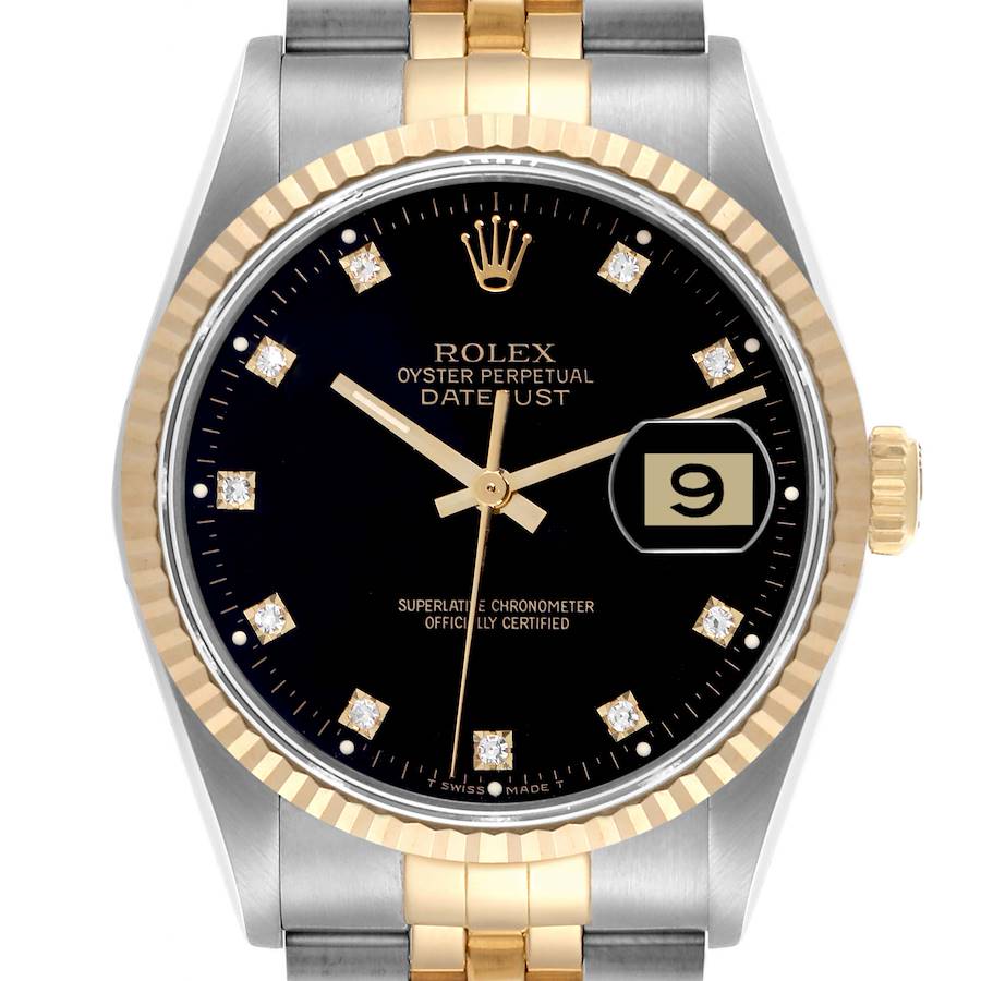 The Rolex Datejust watch is shown from the front, highlighting the dial, bezel, and part of the bracelet.