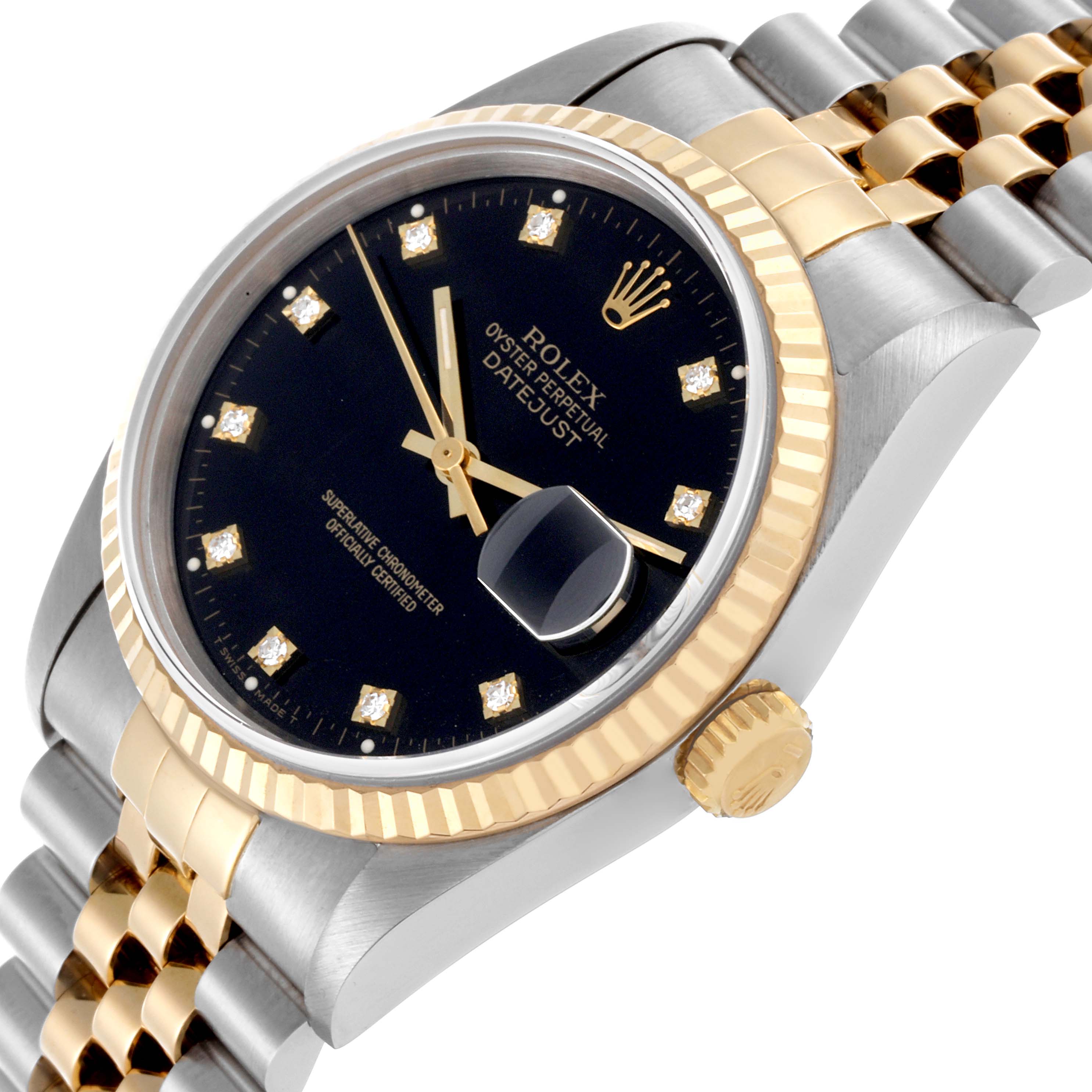The Rolex Datejust 16233 Men's Steel and Gold (two tone) Black Dial 16233 Men's Steel and Gold (two tone) Black Dial watch is shown at an angled view, highlighting the dial, bezel, crown, and part of the bracelet.
