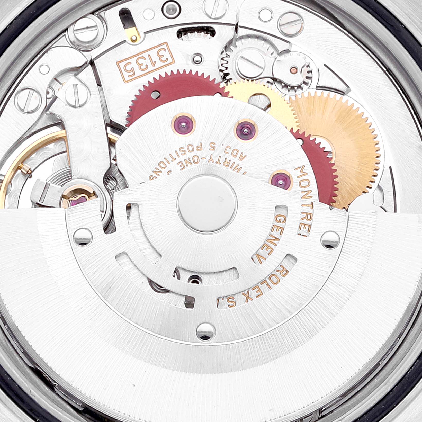 This image shows the intricate internal mechanism and components of a Rolex Datejust 16233 Men's Steel and Gold (two tone) Blue Dial 16233 Men's Steel and Gold (two tone) Blue Dial model watch from a close-up angle.