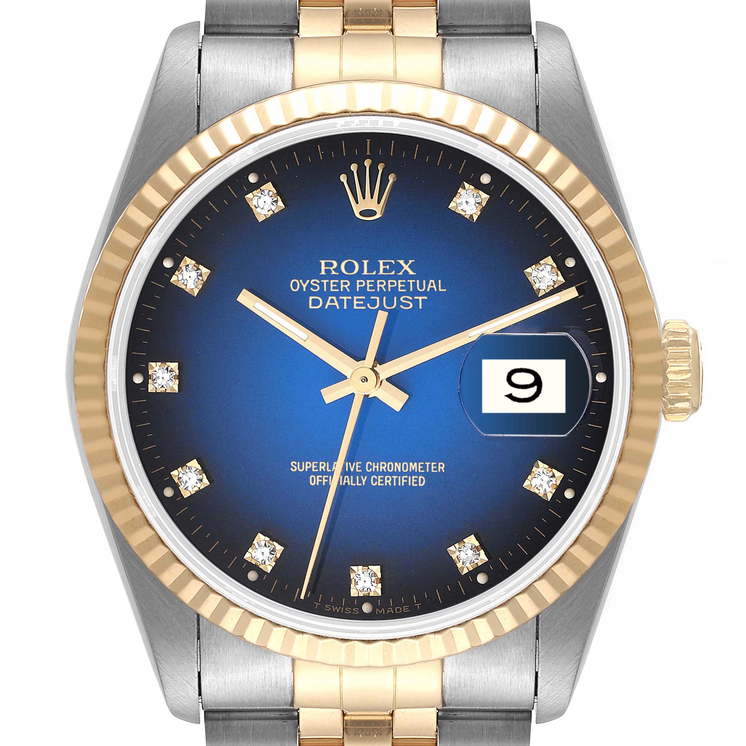 This image shows the front view of a Rolex Datejust 16233 Men's Steel and Gold (two tone) Blue Dial 16233 Men's Steel and Gold (two tone) Blue Dial watch, highlighting its dial, hour markers, hands, date window, and part of the bracelet.