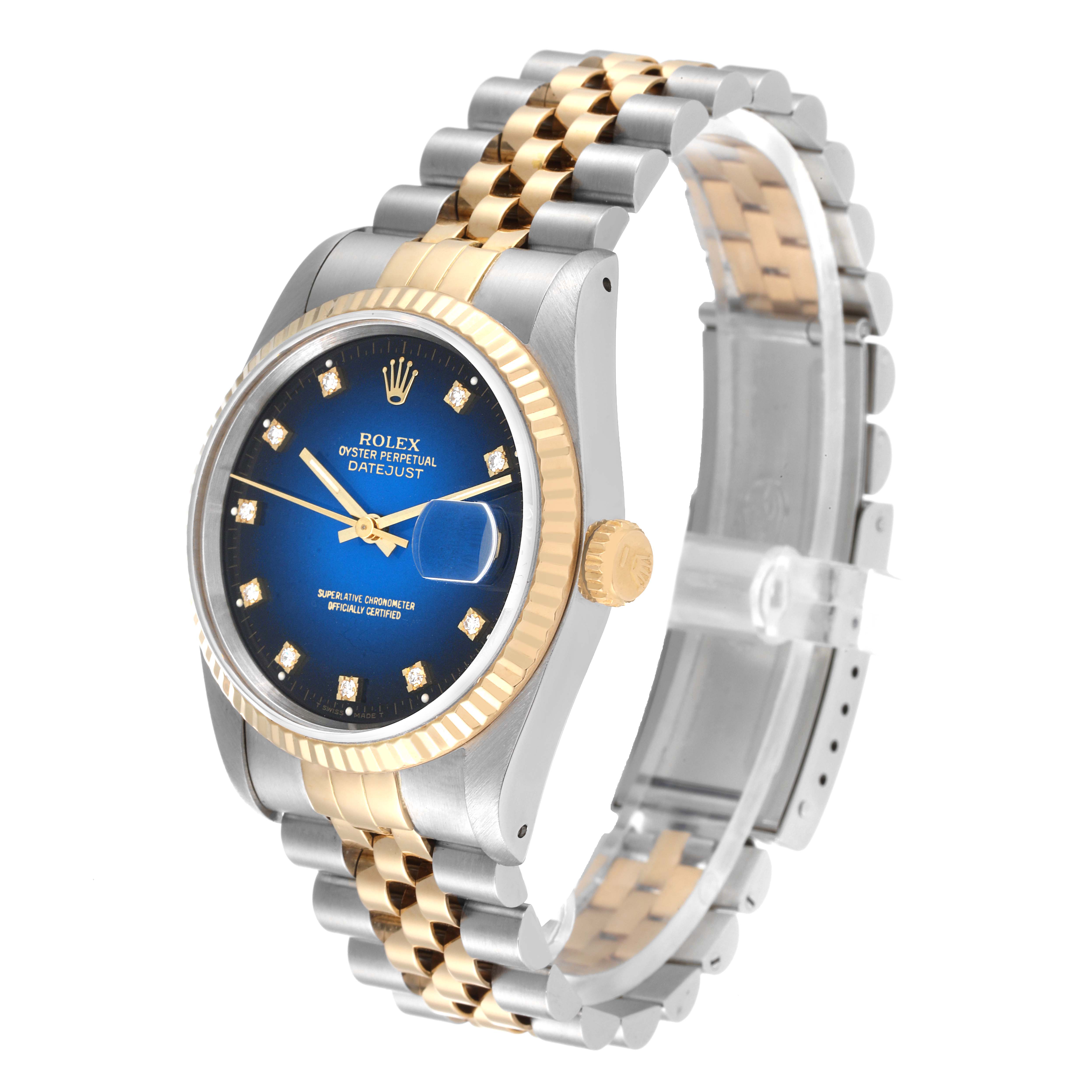 This image showcases a Rolex Datejust 16233 Men's Steel and Gold (two tone) Blue Dial 16233 Men's Steel and Gold (two tone) Blue Dial model watch at an angled top-down view, highlighting the dial, bezel, crown, and bracelet.