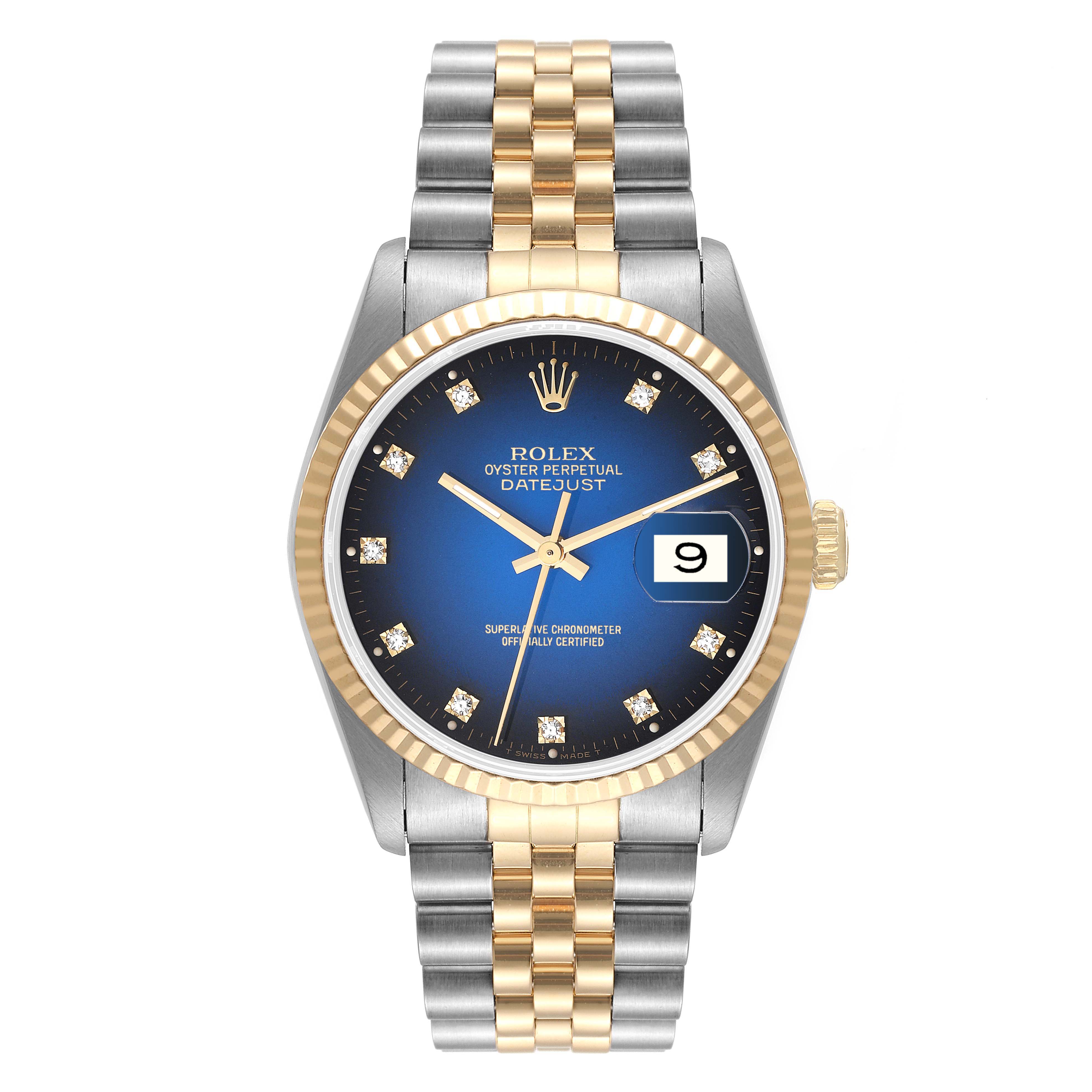 The Rolex Datejust 16233 Men's Steel and Gold (two tone) Blue Dial 16233 Men's Steel and Gold (two tone) Blue Dial watch is shown from a top-down angle with a blue dial, two-tone jubilee bracelet, and gold fluted bezel.